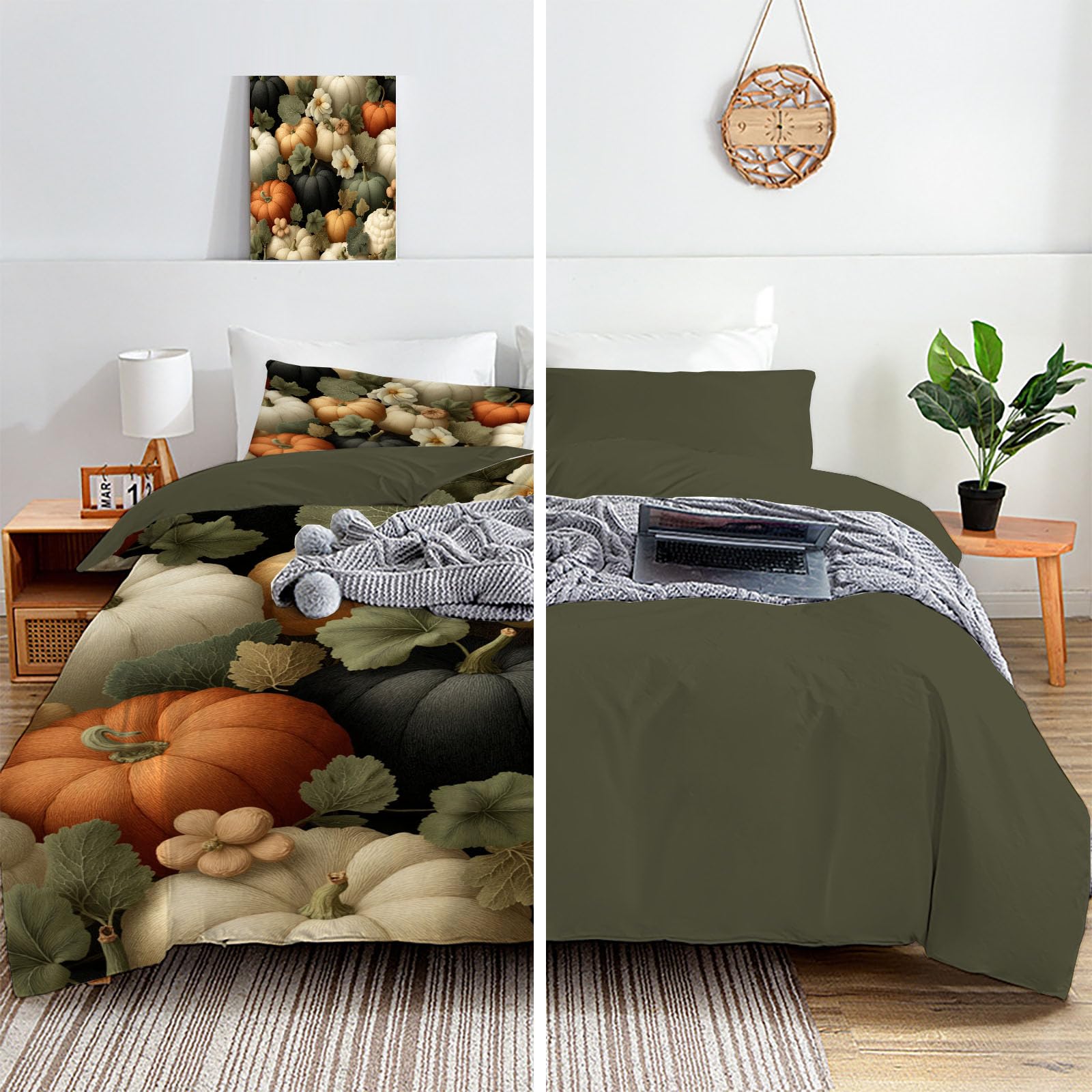 Housse de Couette 200x200cm Plantes à l'aquarelle Floral Parure de lit Adulte | 2 Personnes Fleurs et feuilles blanches citrouille en Microfibre Linge de lit avec Fermeture Éclair et 2 Taie d'oreiller