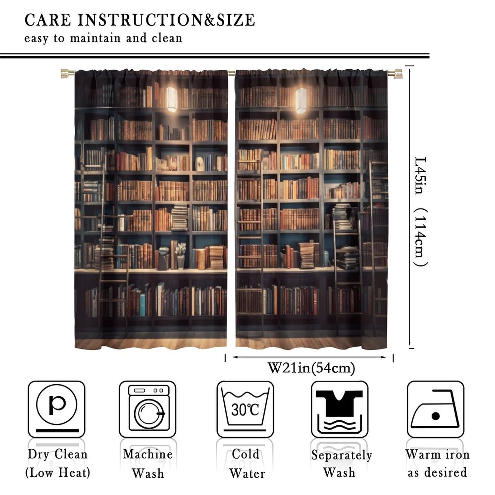 Bookshelf Curtains, Vintage Library with Books Window Treatments for Kids Bedroom, Wooden Wooden Antique Bookcase Drapes 2 Panel Sets,42x45 Inch