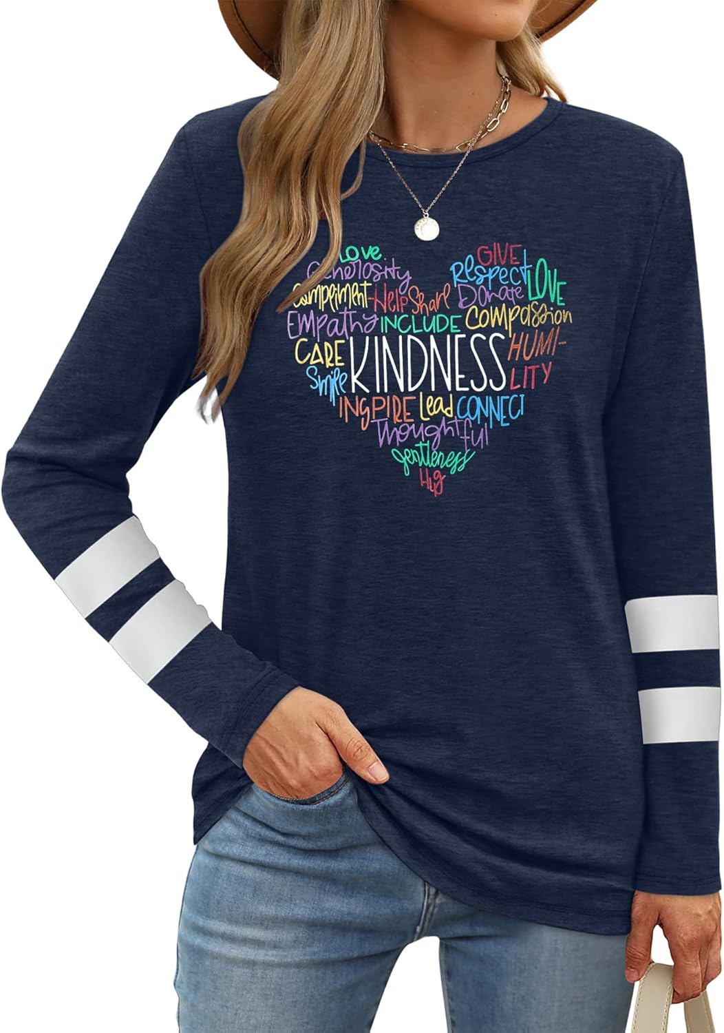 Anbech Women's Long Sleeve Graphic Tshirts Kindness Print Crew Neck Casual Tee Tops - Image 2