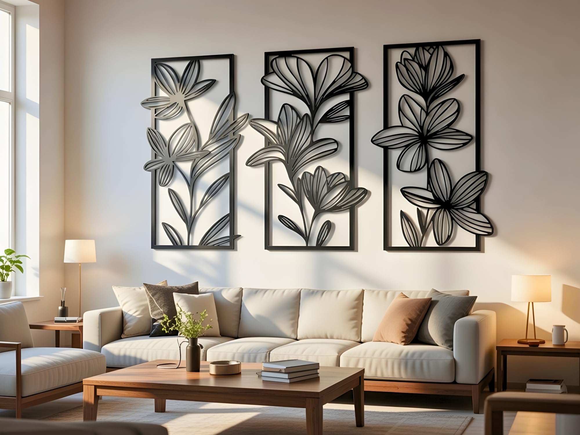 VAILLA ® 3er set Blumen Wanddeko, Blume Wanddekoration aus Holz, Wandbilder Home Dekoration, 3D Wall Art, Große Wand Deko, Bilder für Schlafzimmer, Wohnzimmer und Küche (Blumen 19)