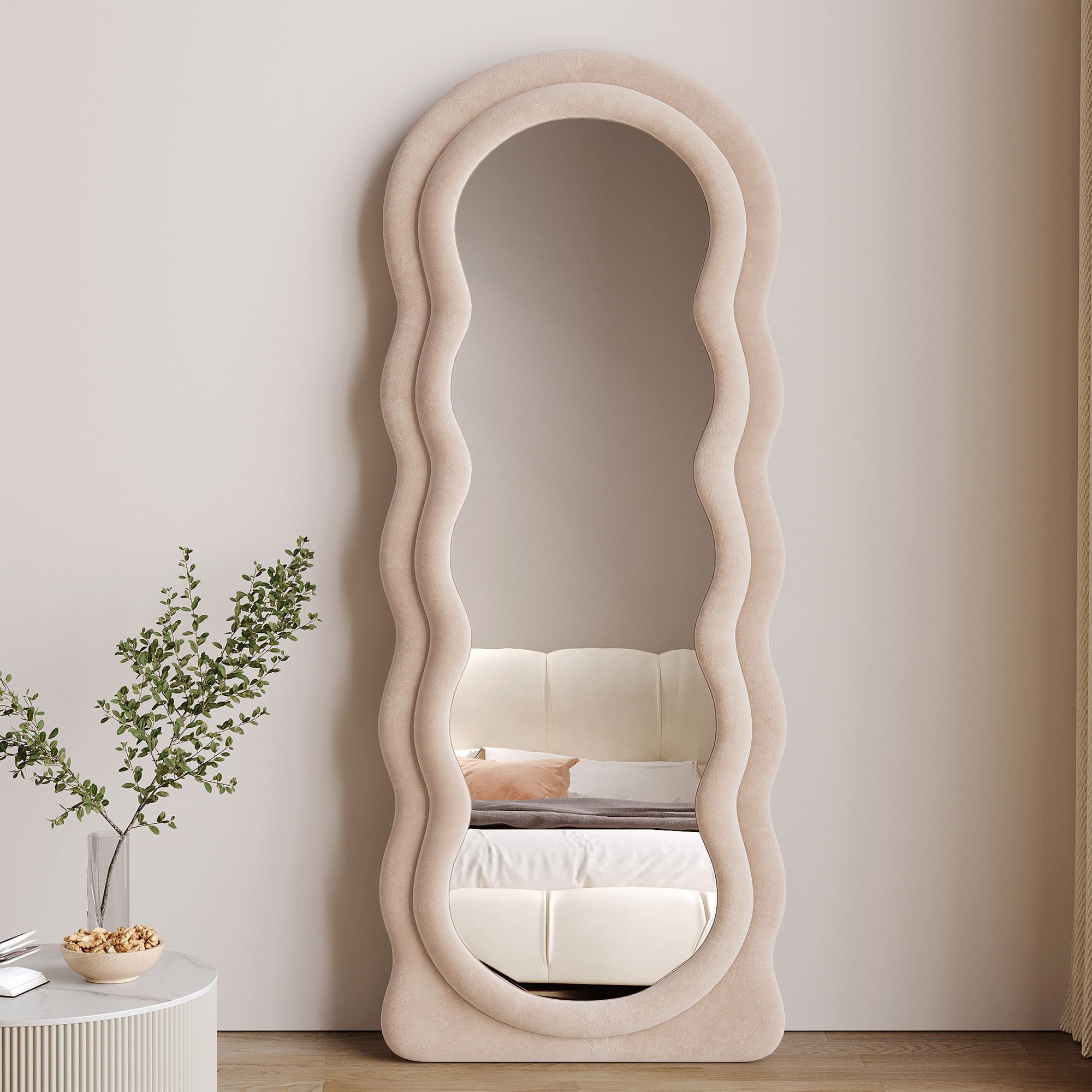 V PARTY Floor Mirror with Stand, Full Length Mirror Wall Mounted, Standing Floor Mirror Full Length, Irregular Wavy Mirror, Flannel Wrapped Wooden Frame Mirror (Beige, 160x60cm (63"x24"))
