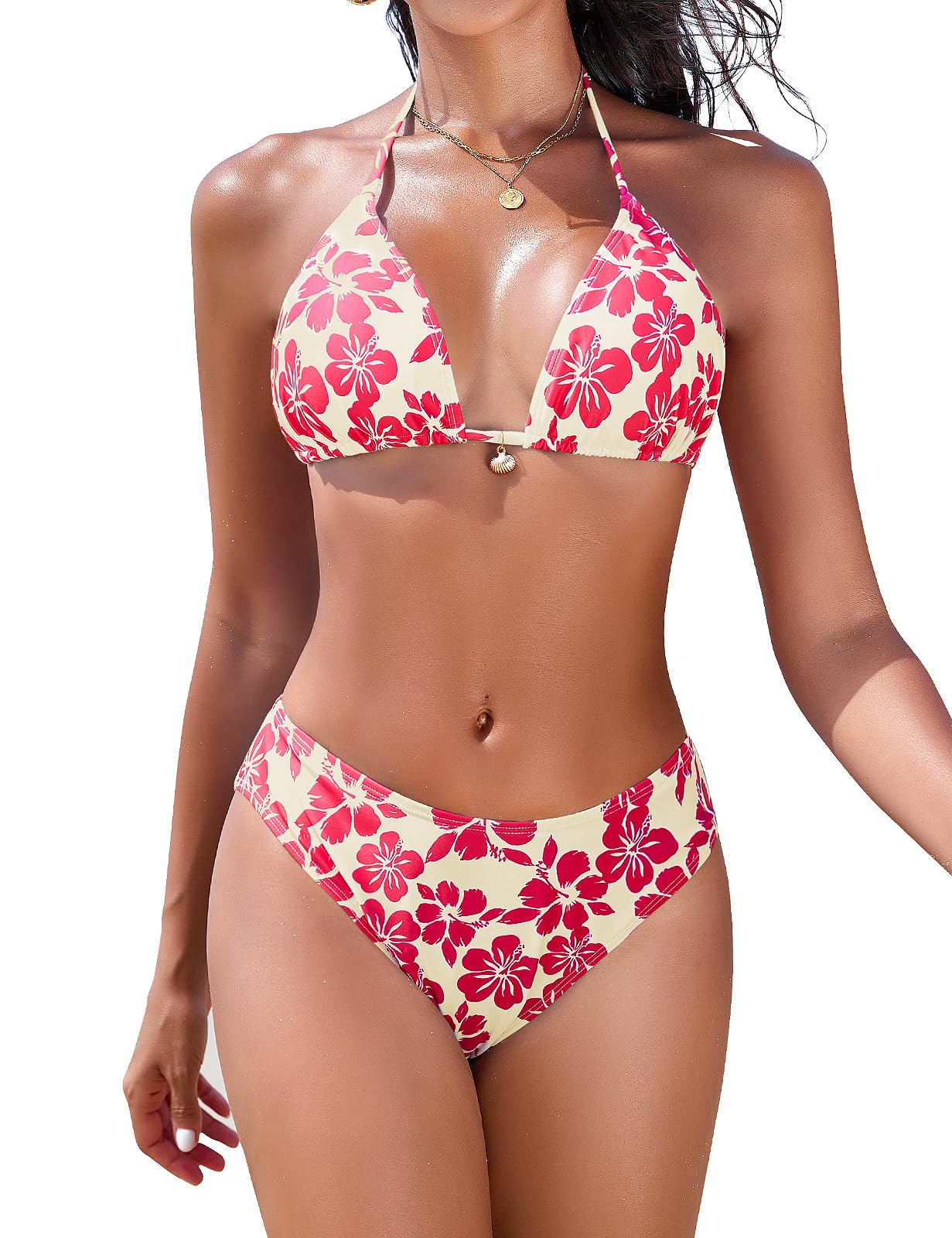 Nadeer Conjunto de Bikini Mujer Brasileño 2 Piezas Halter Triángulo Push Up Relleno Cintura Alta Estampado Floral