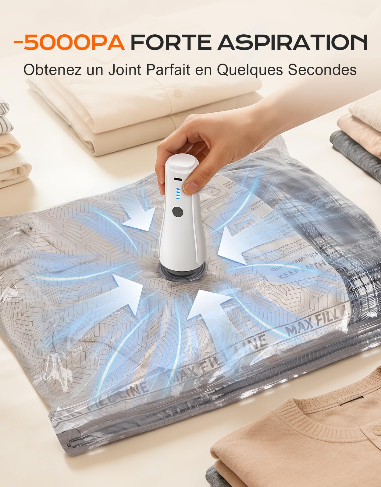 CIRYCASE 15 Pièces Sac Sous Vide Vêtement Aspirateur avec Pompe à Vide Rechargeable [-5000PA Aspiration & 80% d'Espace Gagné], Sac Compression Voyage Portable Housse Aspirable Rangement pour Maison