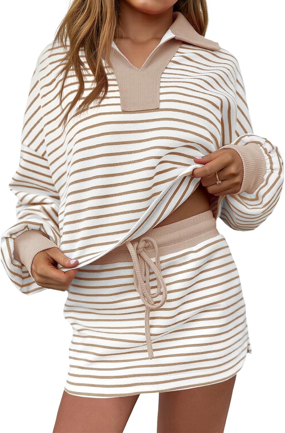 Striped 2 Piece Set for Women Collare Long Sleeve Sweatshirt Skirt Workout Set Matching Lounge Sets Sweatsuits