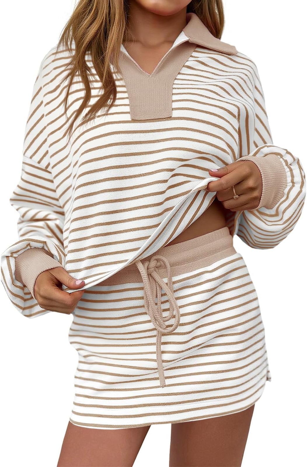 Womens Two Piece Skirt Sets Striped Long Sleeve Sweatshirt Mini Skirts Sets Skort Workout Set Tennis Jogger Sweat Suit