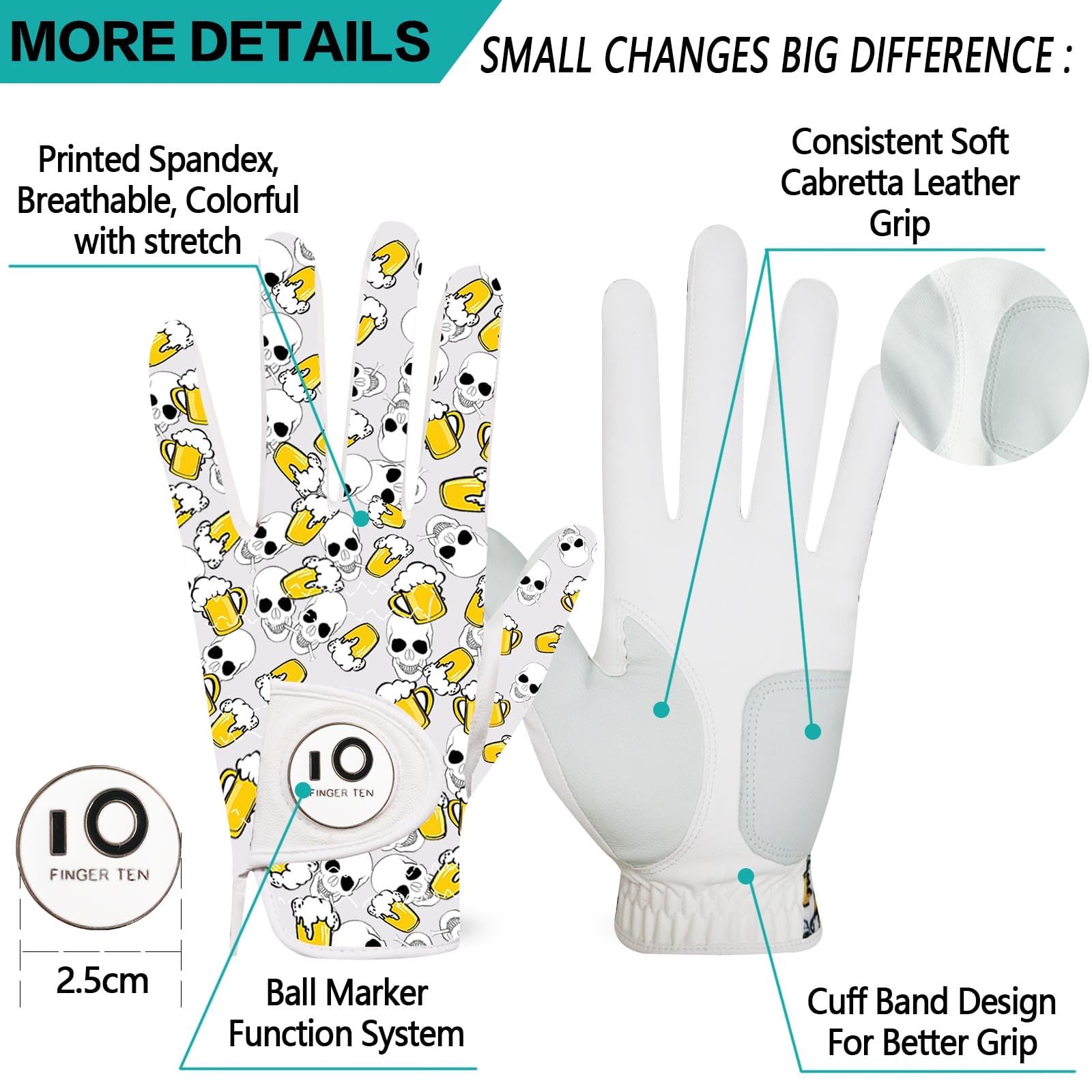 FINGER TEN Golf Gloves Men Left Hand Right Leather With Ball Marker Printed Grip 2 Pack - Image 2