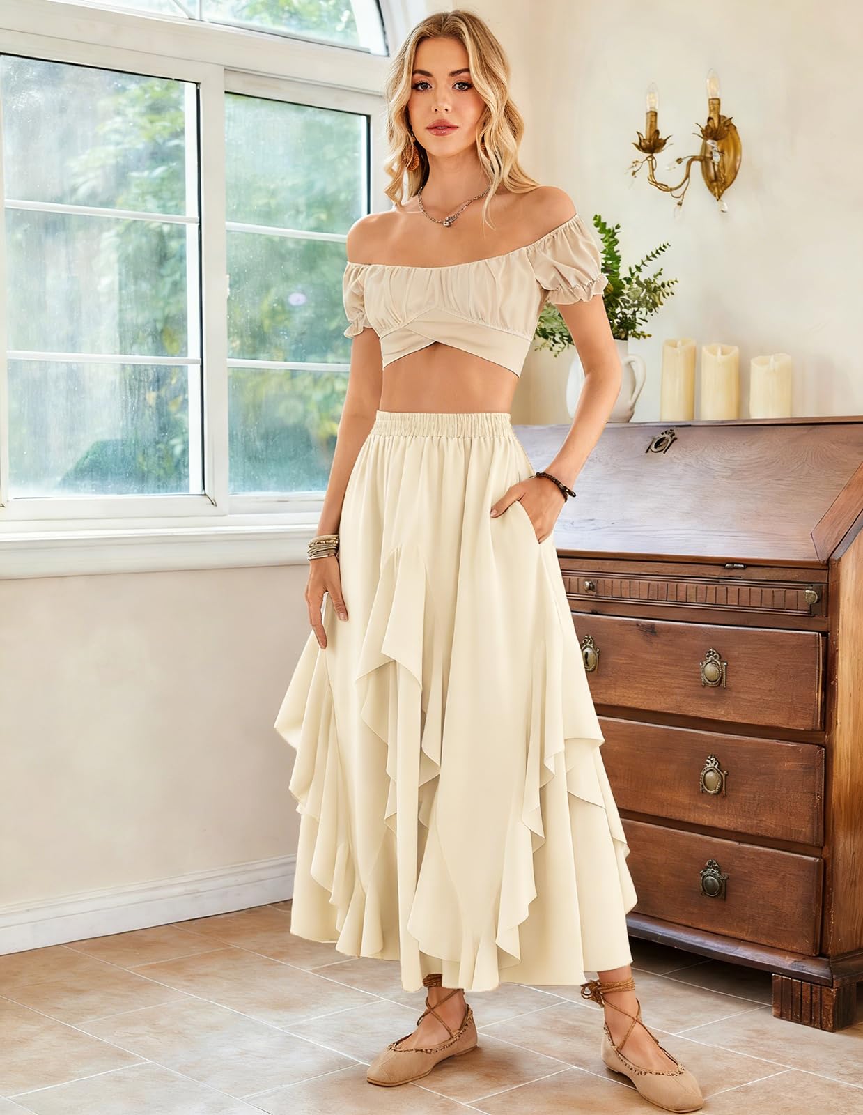 Scarlet Darkness Gonna lunga da donna con volant, fluida, rinascimentale, maxi