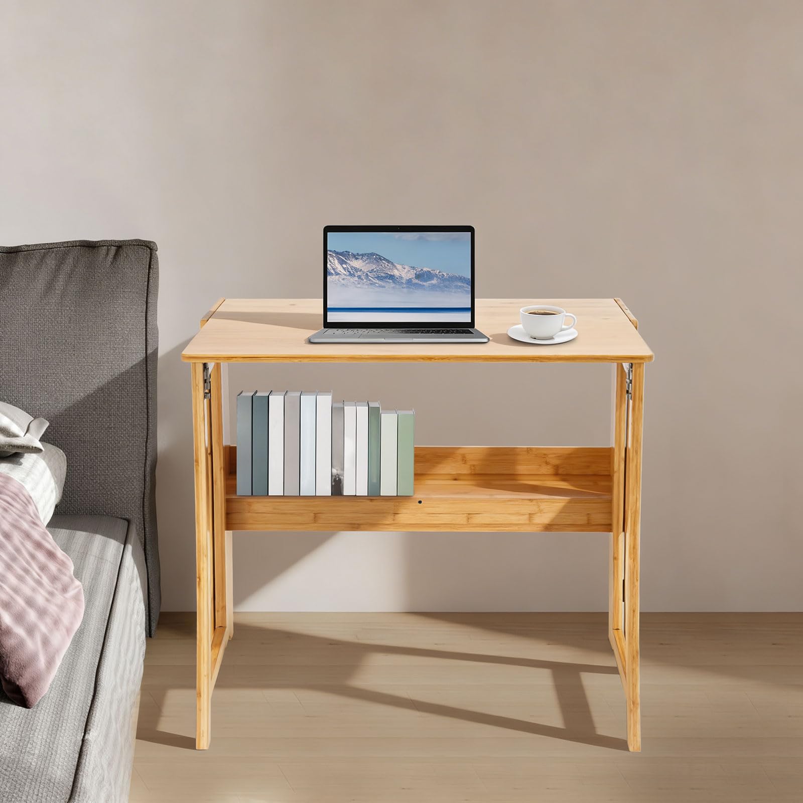 Scrivania pieghevole 83 x 54 cm, segretario salvaspazio con libreria, per ufficio, soggiorno e camera da letto, colore legno