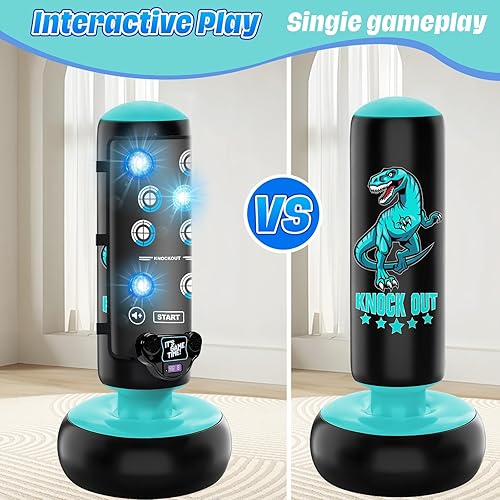 Miniatura 6 de Saco de boxeo para niños, bolsa de boxeo inflable de 66 pulgadas con guantes de boxeo, juego de boxeo para niños con puntuación, luz, música,