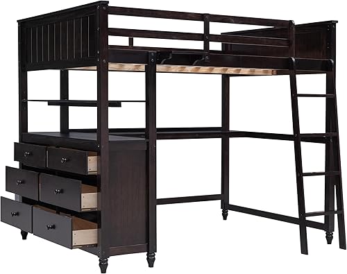 Miniatura 5 de Cama alta de madera de tamaño matrimonial con cajones de almacenamiento y escritorio cama matrimonial multifuncional con estantes y escalera