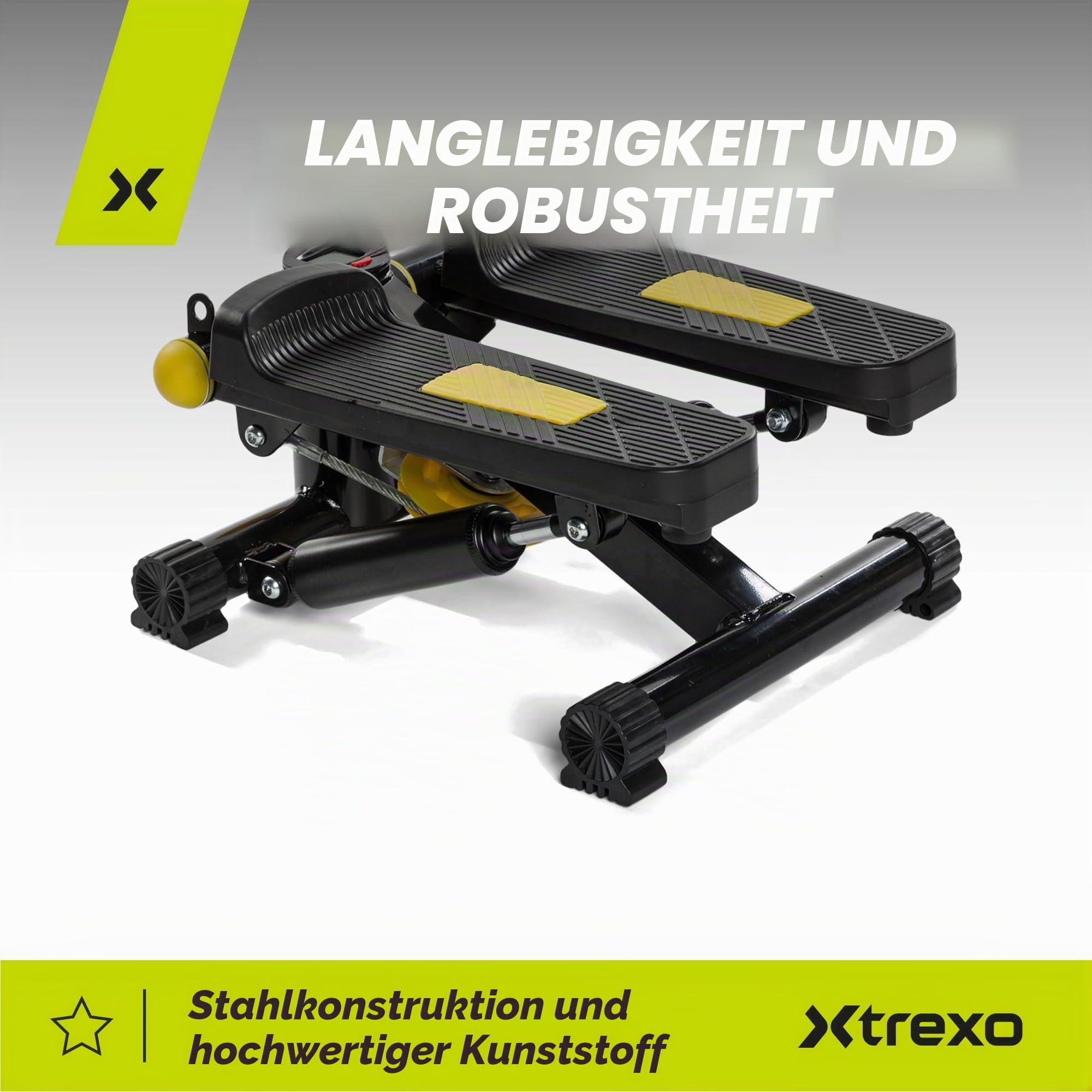 XTREXO Fitness Stepper für Zuhause | Einstellbare Pedalhöhe und Widerstand, Gut ablesbares Display, Hochbelastbare Kabel | Hometrainer bis zu 100 kg für Home Workout, Cardio | Schwarz/Gelb | FS100