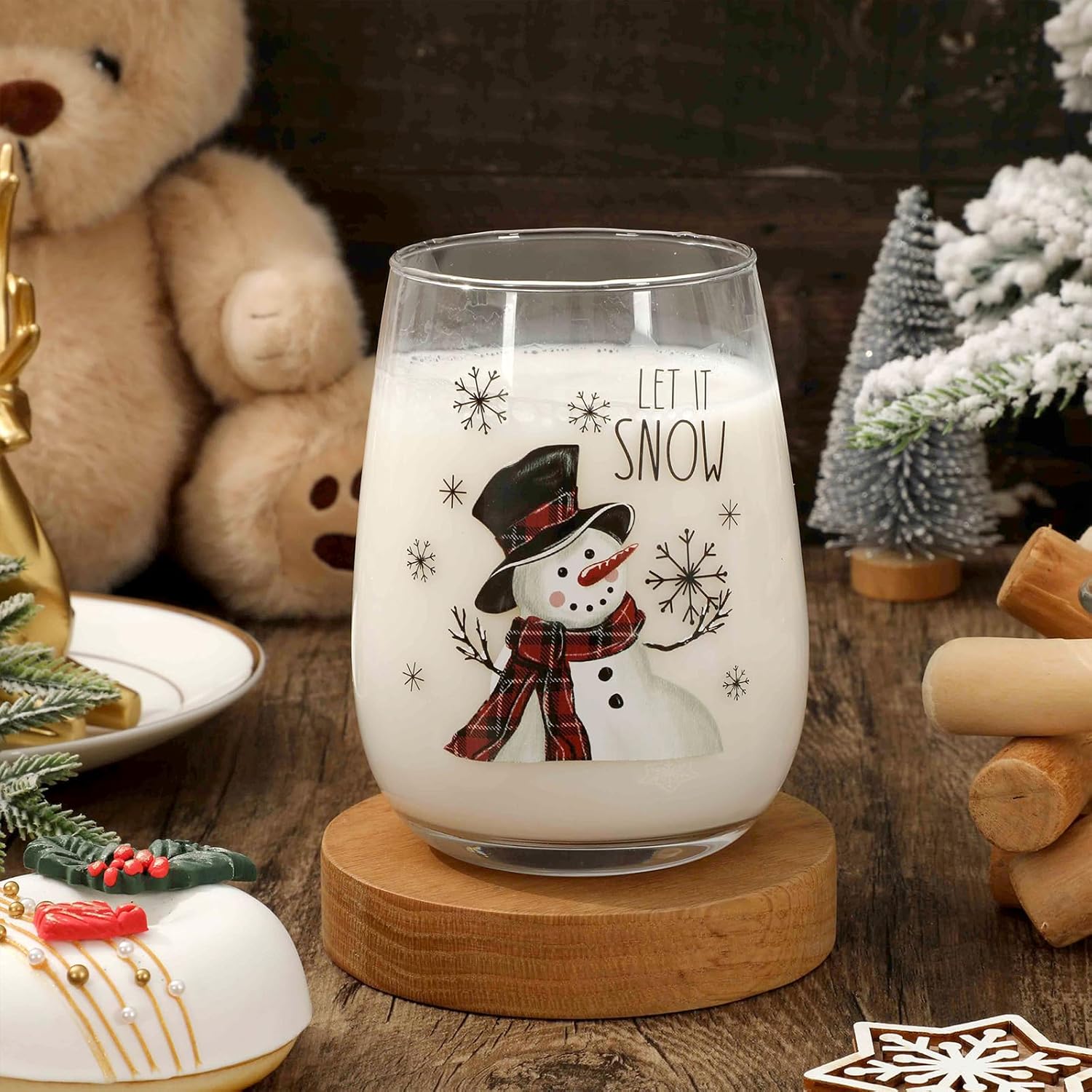 Whaline 2Pcs Christmas Stemless Wine Glasses 17oz Plaid Christmas Tree Snowman Drinking Glasses Red Black Holiday Tumbler Cups for Xmas Winter Party Supplies - Image 3