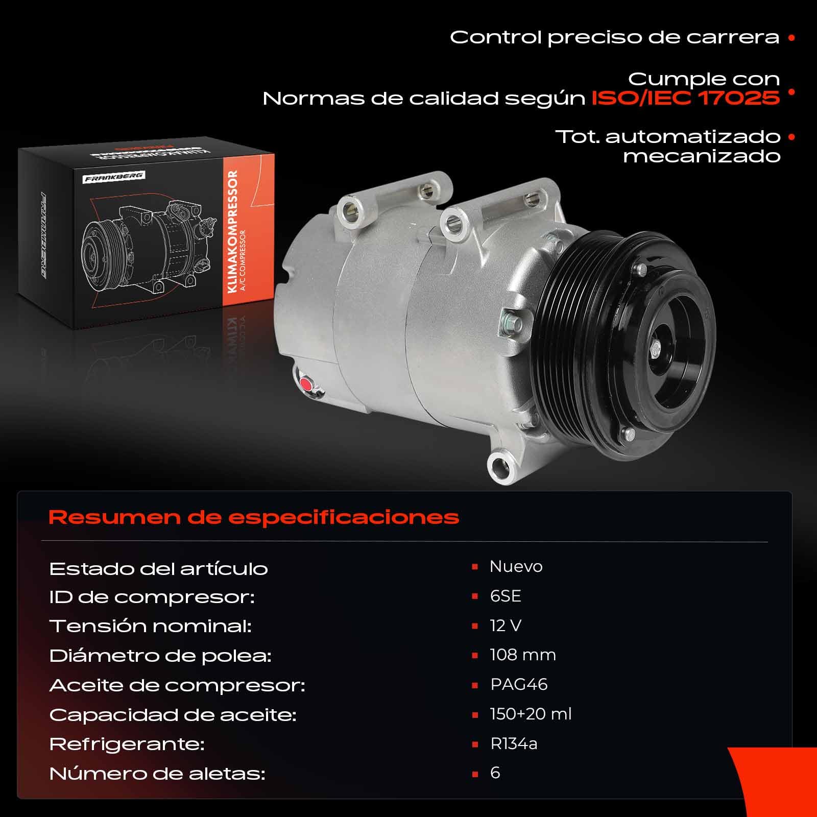 Frankberg Compresor de aire acondicionado con embrague Diesel Compatible con Galaxy WA6 Mondeo IV BA7 S-Max WA6 S80 II 124 V70 III 135 Replace# 8FK351334051, incl. aceite premezclado