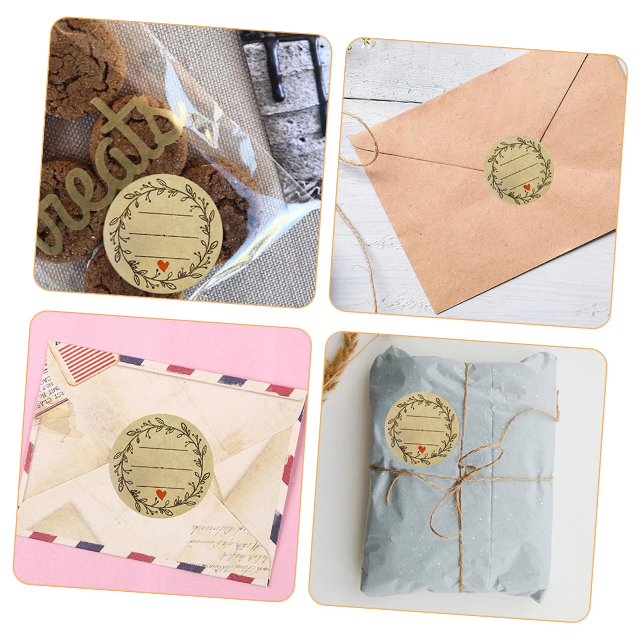 Lurrose 8rouleaux Étiquettes Autocollantes Pour Boulangerie De Stickers Décoratifs Kraft Autocollants Multi-usages Pour De Cookies Et De Fête