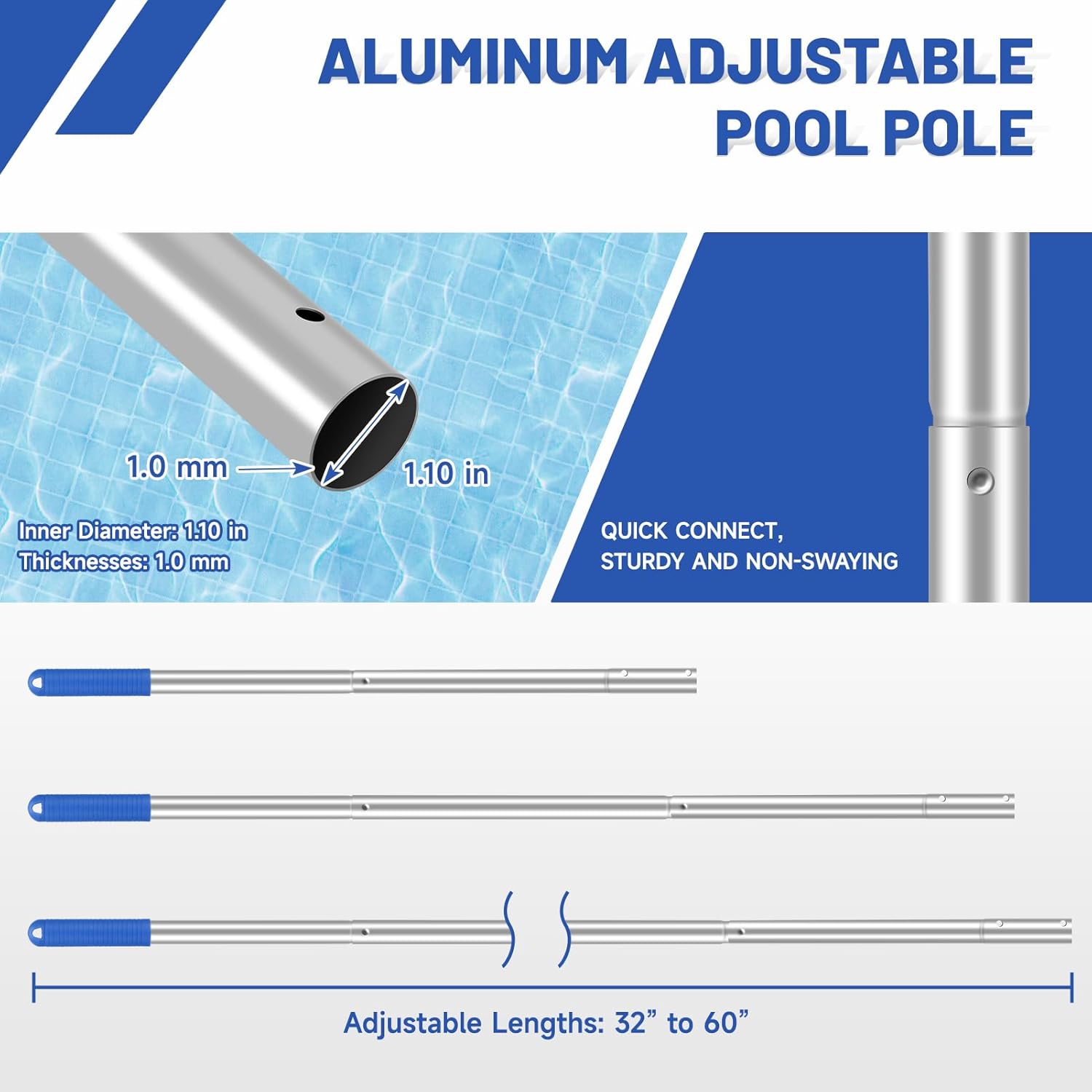 Pool Cleaning Kit, 16'' Pool Brush Head & Pool Skimmer Net with 60" Pole, Pool Net Skimmer & Pool Brush with Pole, Pool Net & Pool Brushes for Cleaning Pool Walls with Pole - Image 5