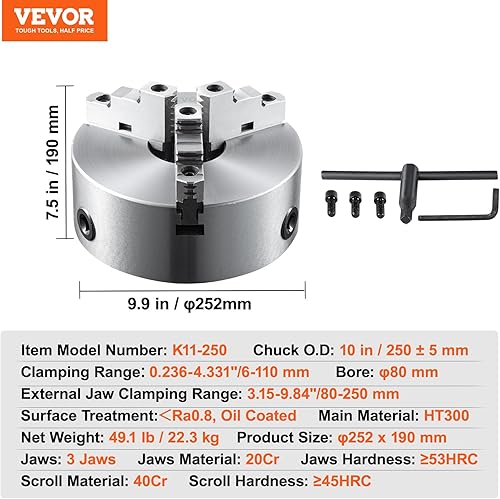 Miniatura 7 de VEVOR Mandril de torno de 3 mandíbulas, 10 pulgadas, mandril de torno autocentrante, 0.24-9.84 pulgadas/0.236-9.843 in Rango de sujeción con