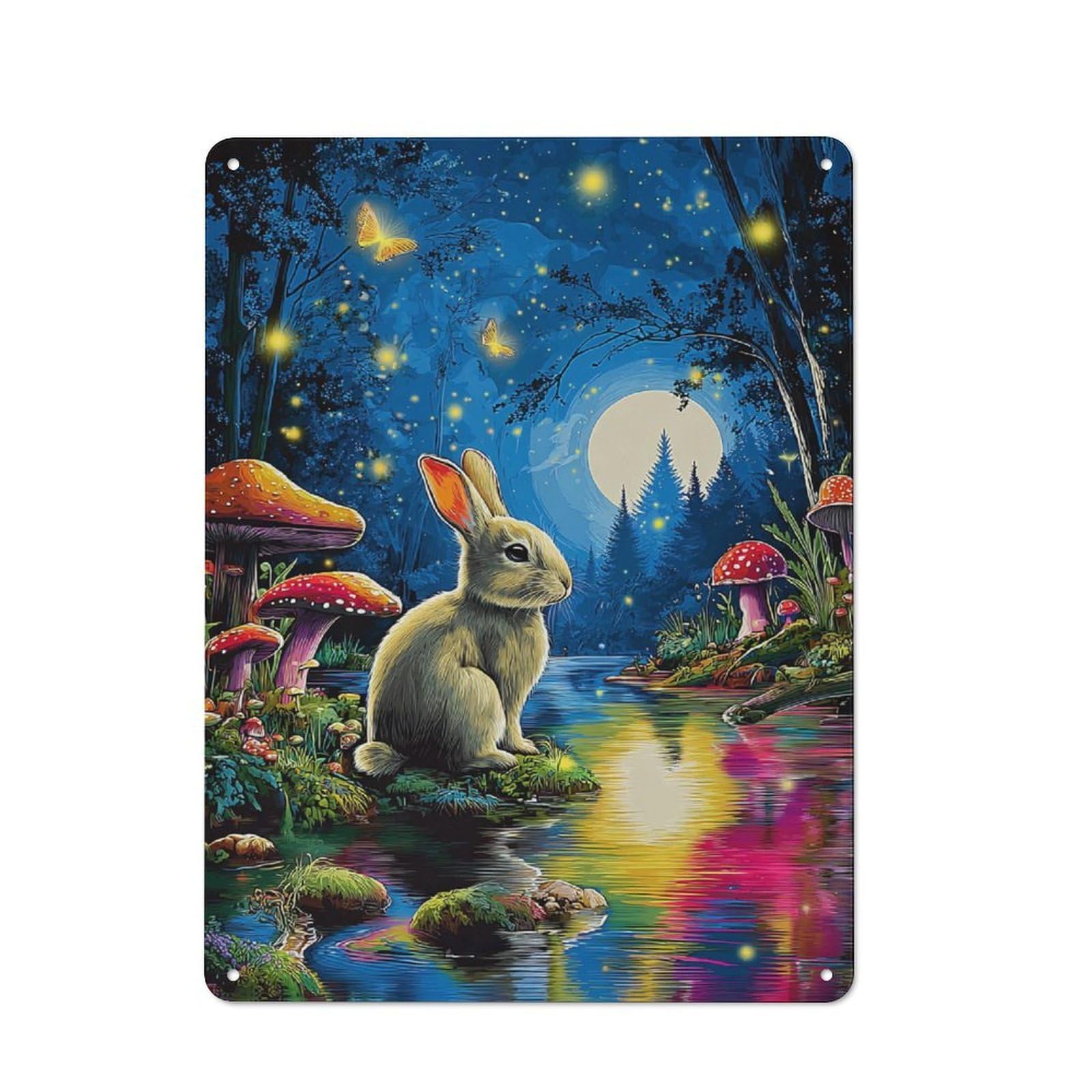 Junmoney Enchanted Forest With Moonlit Rabbit Metal Wall Plaque With Design 40X30cm, Retro Novelty Wall Art For Bedroom, Kitchen, Office Or Living Room