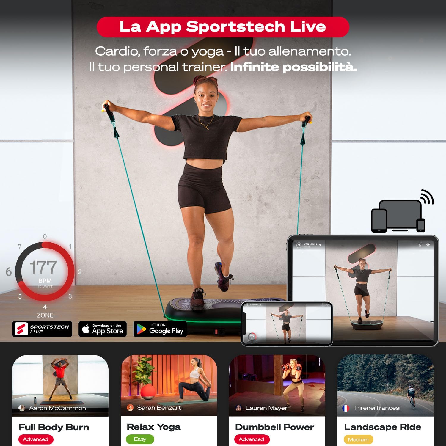 Sportstech Piastra vibrante 4D Premium | Smart LED I 3 motori silenziosi I Next-Level Training con sedile, maniglie per flessioni ecc. Display Color Touch + Bluetooth I Fitness & Yoga per la casa |