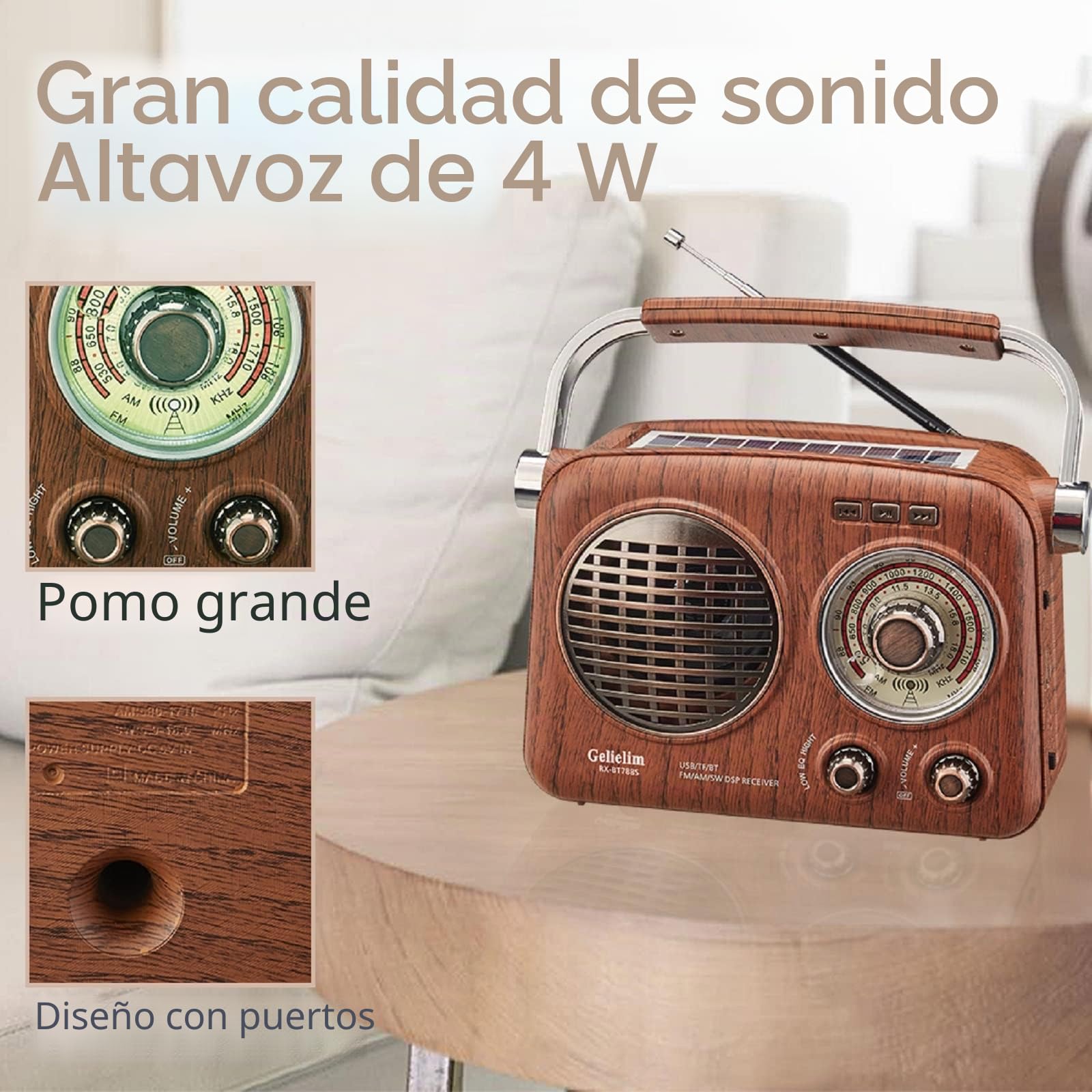 Gelielim Radio retro portátil AM/FM con Bluetooth, recargable/solar/batería, compatible con tarjeta TF/USB, linterna de emergencia
