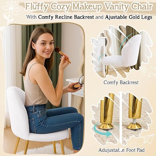 Miniatura 6 de VINGLI Silla de tocador esponjosa para niñas con respaldo y almohada, bonita silla de escritorio pequeña y acogedora sin ruedas, cómoda maquillaje