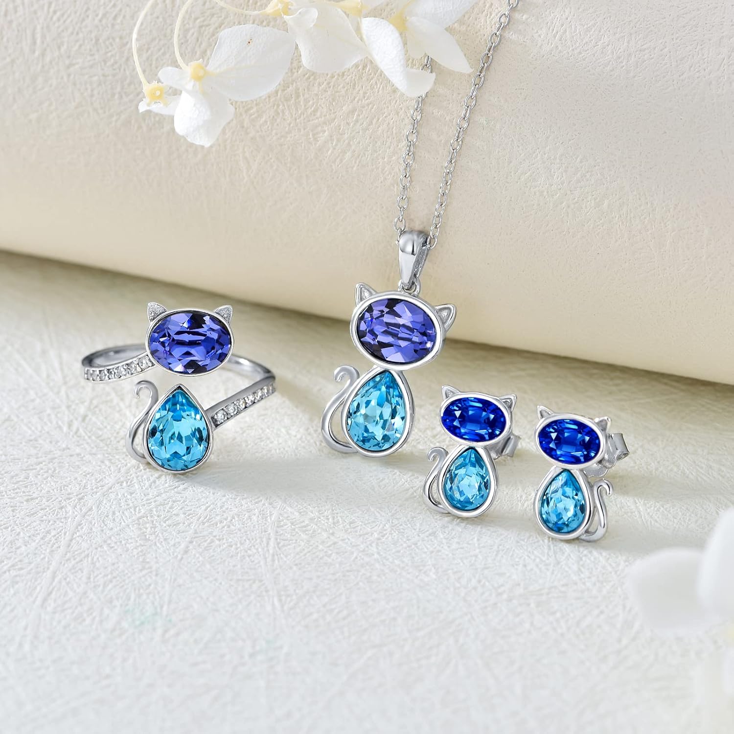 AOBOCO Sterling Silver Cat necklace, Blue Purple Crystals from Austria, Cute Pet Kitten Kitty Cat Pendant Gifts for Cat Lovers, Anniversary Birthday Cat Jewelry Gifts for Women-CAT - Image 3