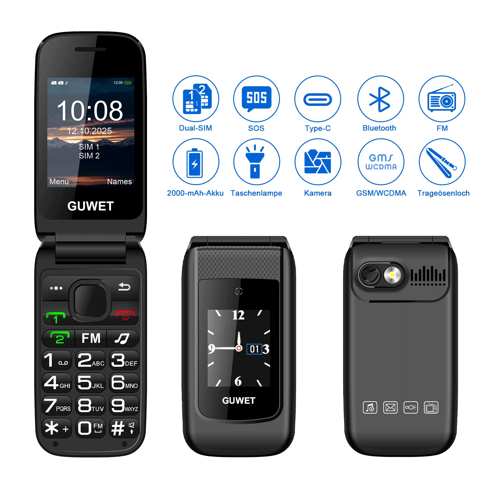 Seniorenhandy Klapphandy ohne Vertrag,Rentner Handy Großen Tasten mit SOS-Notruftaste,Dual SIM 2G GSM mit 2000mAh Akku,USB-C,2.4"+1.77" Dual Display,Schwarz