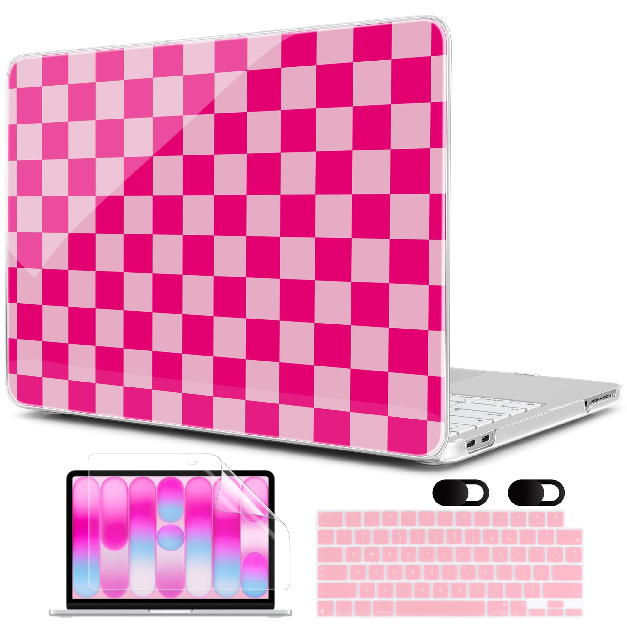 MEEgoodo Custodia stampata 4 in 1 per MacBook Neo 13" modello A3404, versione 2026, custodie rigide per laptop con skin per tastiera, pellicola protettiva per schermo e cover per webcam, a scacchiera