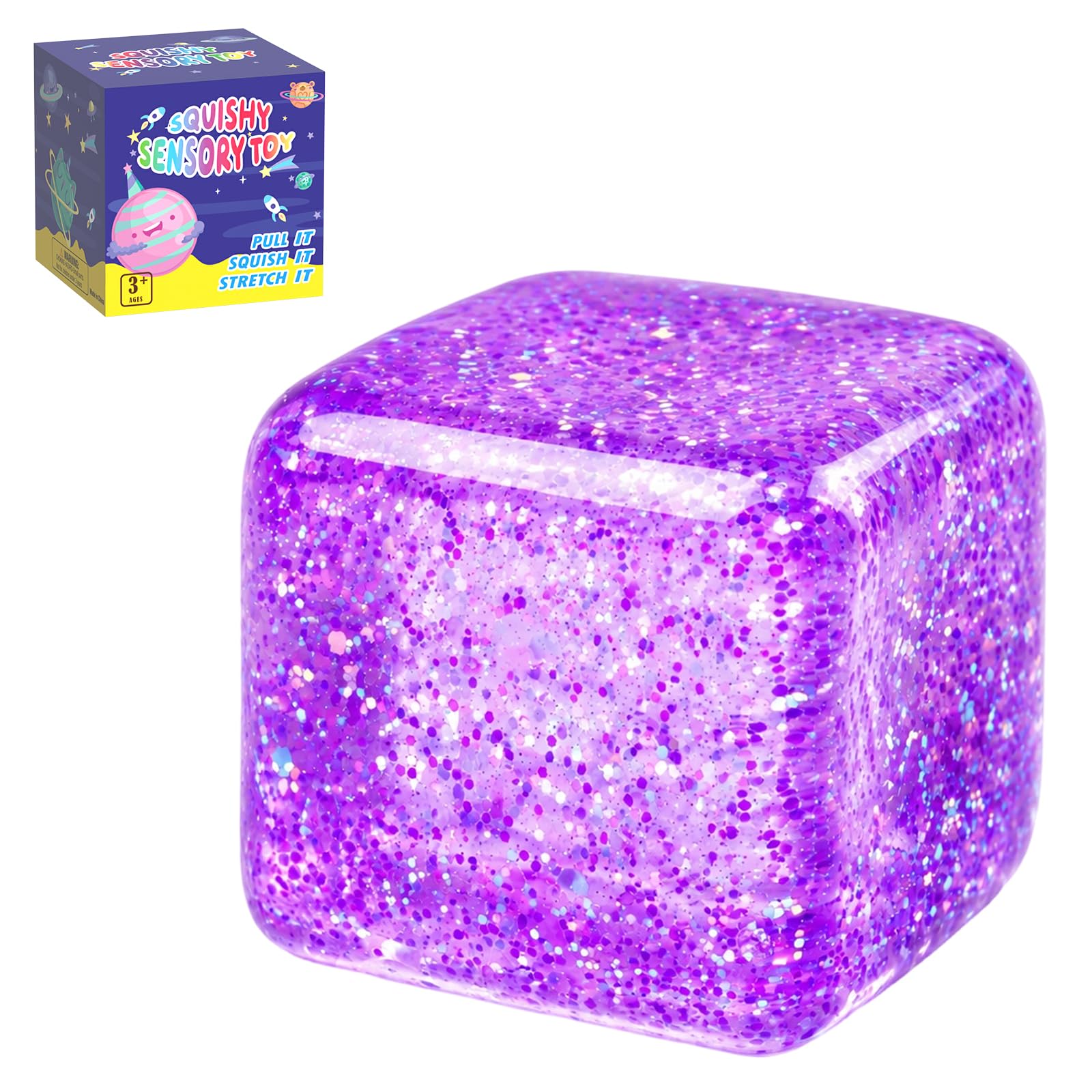 Glitter Squishy Cube Stress Relief Toy, Soft TPR Fidget Squeeze Toy(Purple) — image 1