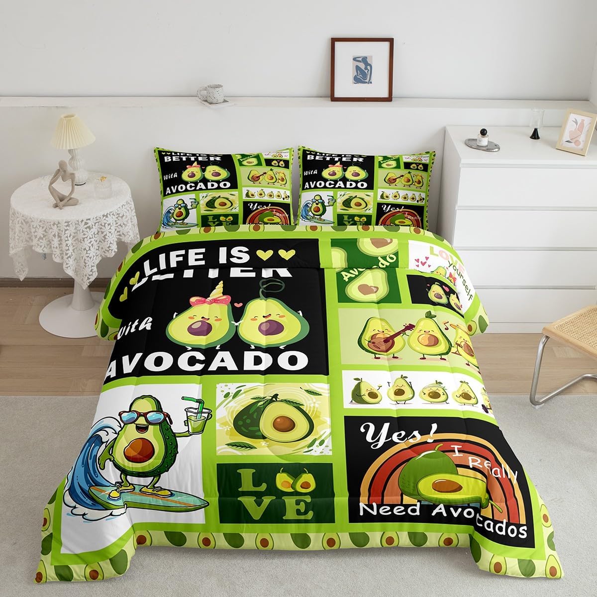 Avocado Comforter Set Queen Size,Green Cartoon Fruits Bedding Set 3Pcs,Funny Surf and Music Avocado Quilt Set for Kids Girls Boys Teens Room Decor,Patchwork Plaid Duvet Insert,2 Pillowcases
