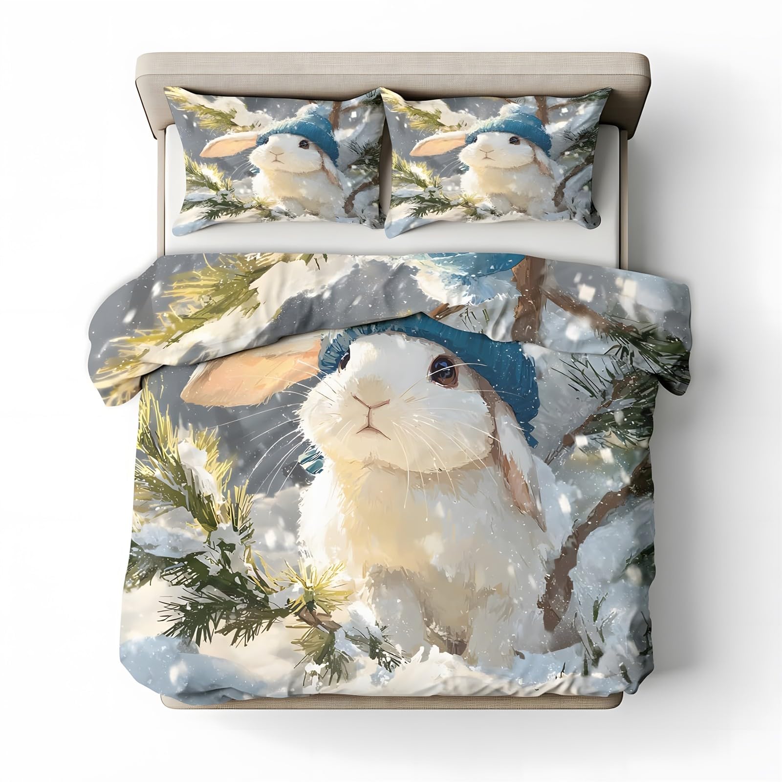 Ypthriline Single Duvet Cover Set Snow Hares Bedding Set Microfiber Light Blue Duvet Covers with Pillowcases Reversible Bedding With Zipper Closure 135x200CM