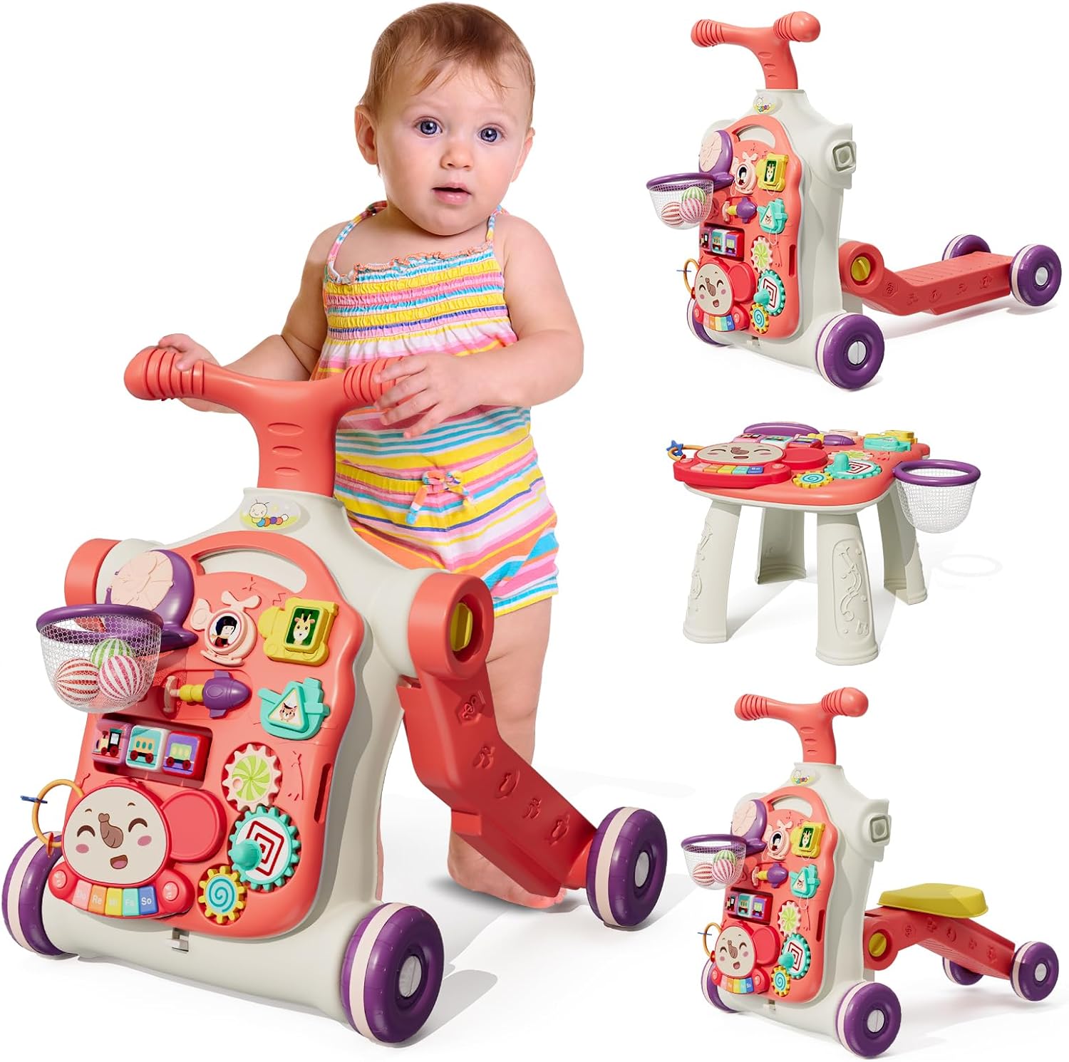 Upgraded 5 in 1 Baby Walker and Activity Center for Baby Girl, Learning to Walk, Sit to Stand, Early Learning Push Toys for Infant 12 Months, Walking Toys Gift for Toddler Girls, Red