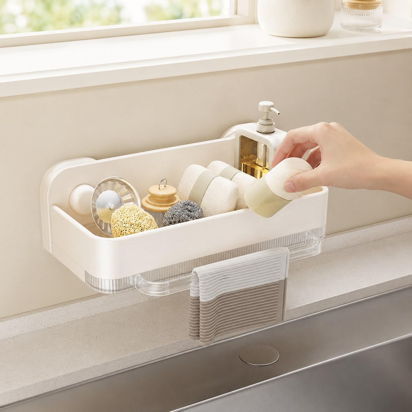 Porta Spugne a Ventosa, Organizer da Cucina, Dispenser per Lavastoviglie, Porta Spazzole, Porta Strofinacci, Scolapiatti, Bianco Crema