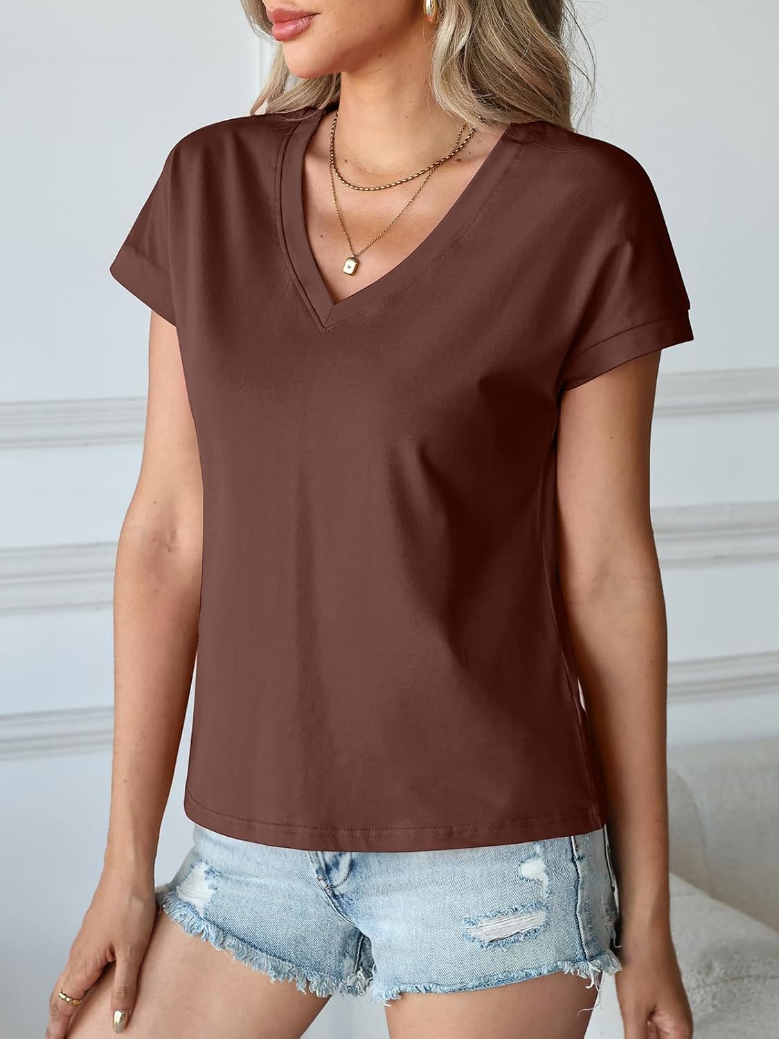 Womens Cap Sleeve Tops Cropped T Shirts Cotton V Neck Boxy Loose Fit Tee Short Sleeves Summer Fashion - Image 6