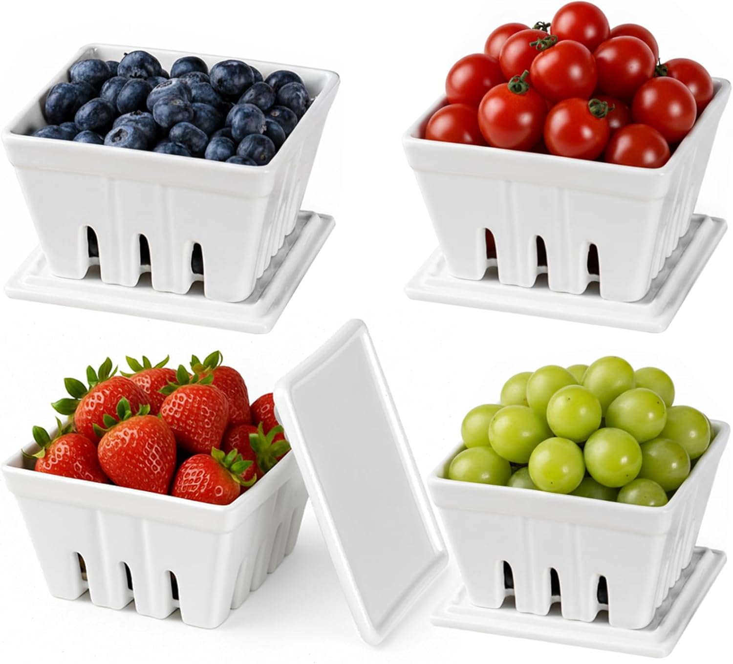 4 Pack Ceramic Berry Basket with Lids, 5'' Fruit Bowl with Draining Hole Ceramic Berry Colander for Strawberry, Grape, Cherry, Stoneware Fruit Basket for Kitchen Counter Decoration