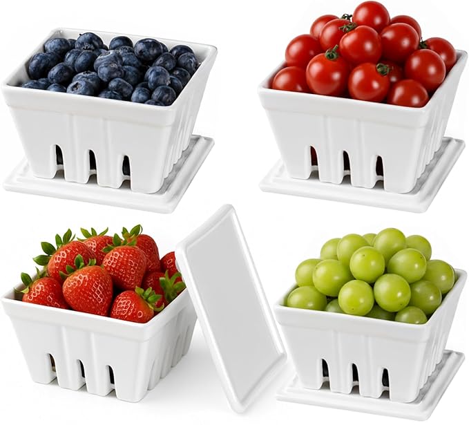 Blushtier 4 Pack Ceramic Berry Basket with Lids, 5'' Fruit Bowl with Draining Hole Ceramic Berry Colander for Strawberry, Grape, Cherry, Stoneware Fruit Basket for Kitchen Counter Decoration