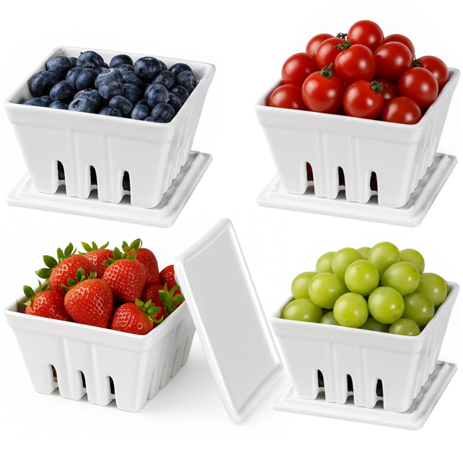 Blushtier 4 Pack Ceramic Berry Basket with Lids, Classic, White