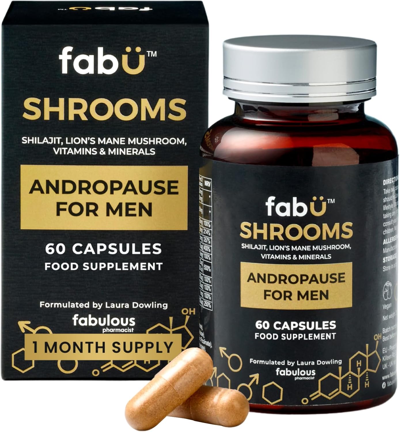 fabÜ Shrooms Andropause – Natural Shilajit & Lion’s Mane Supplement for Men – Complete Multivitamin with Zinc, B12 & Minerals for Energy, Cognition & Testosterone Support – 60 Capsules