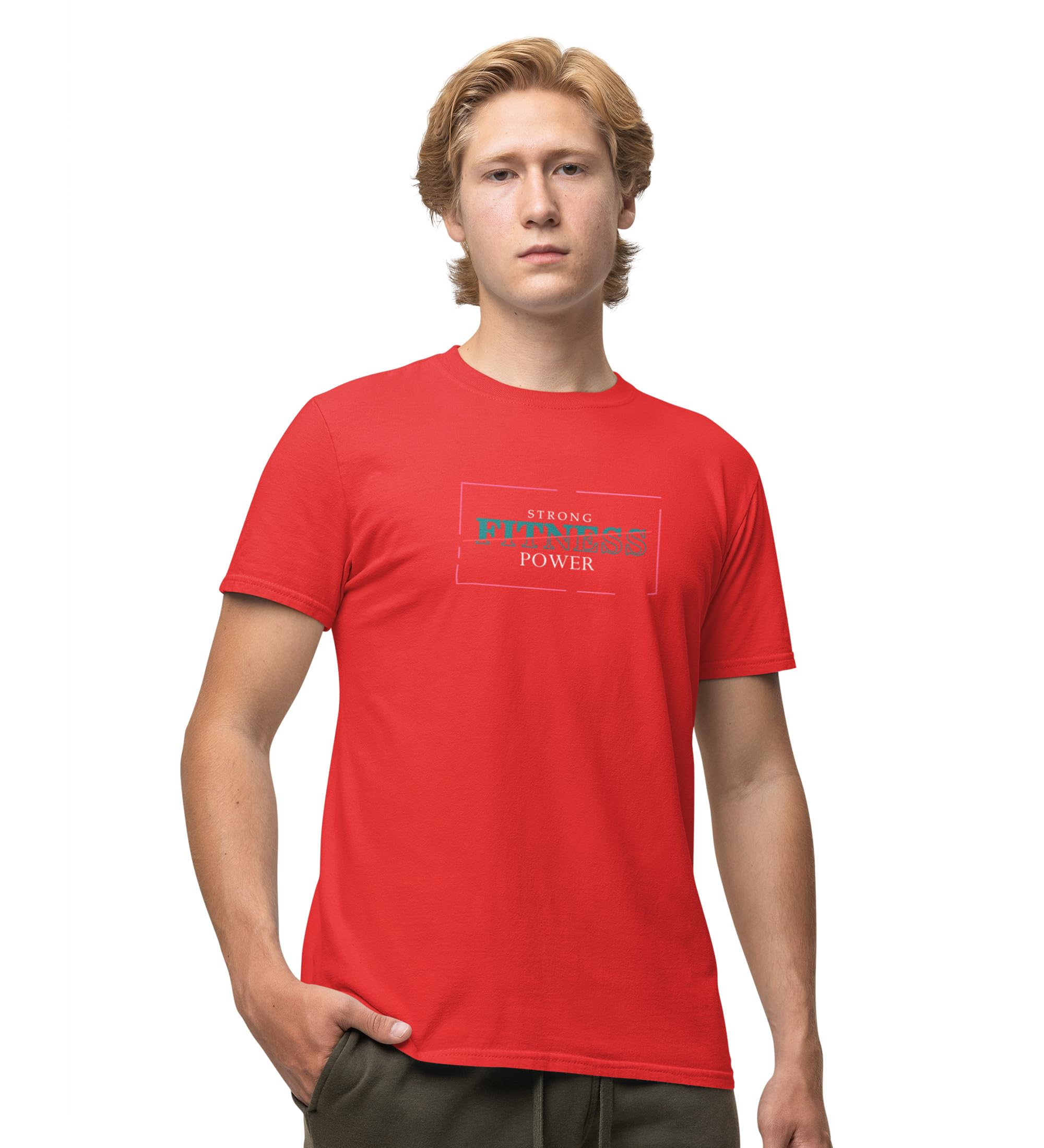 Strong Fitness Power (BG Green) Red Round Neck Cotton Half Sleeved Men's T-Shirt with Printed Graphics-image-47