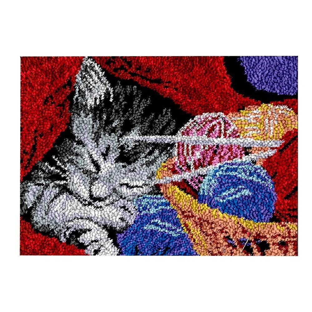 ROCKY&CHAO Latch Hook Kit for Adults & Kids Complete DIY Rug Making Craft Kits with Yarn & Canvas and Crochet Needle, Adult Craft Kits for Women Relaxing Home Art Project - Threadball Cat 50x38CM