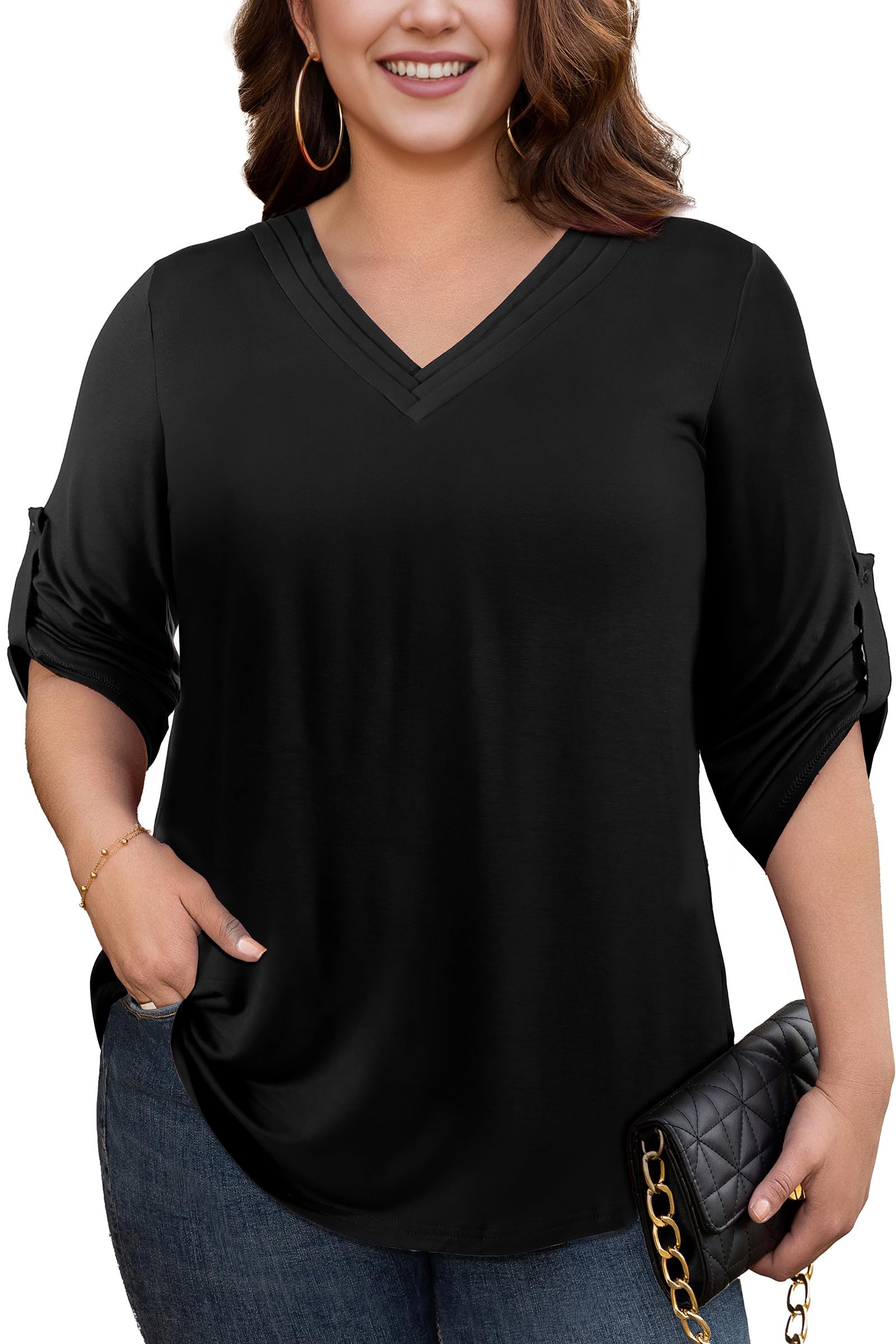 Plusashion Womens Plus Size Tops V Neck 3/4 Roll Sleeve Casual Shirts Loose Tunic Trendy Blouses