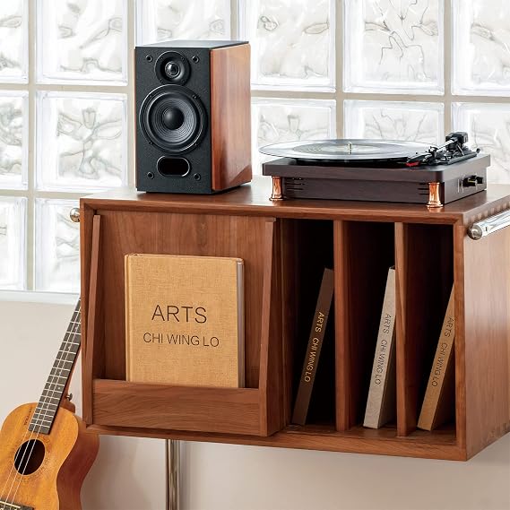 EDIFIER Studio R1380T 2.0 Shelf Speaker System (42 Watt) in Real Wood (MDF) Housing Two LINE IN Connections Infrared Remote Control and Side Controls for Bass Treble and Volume