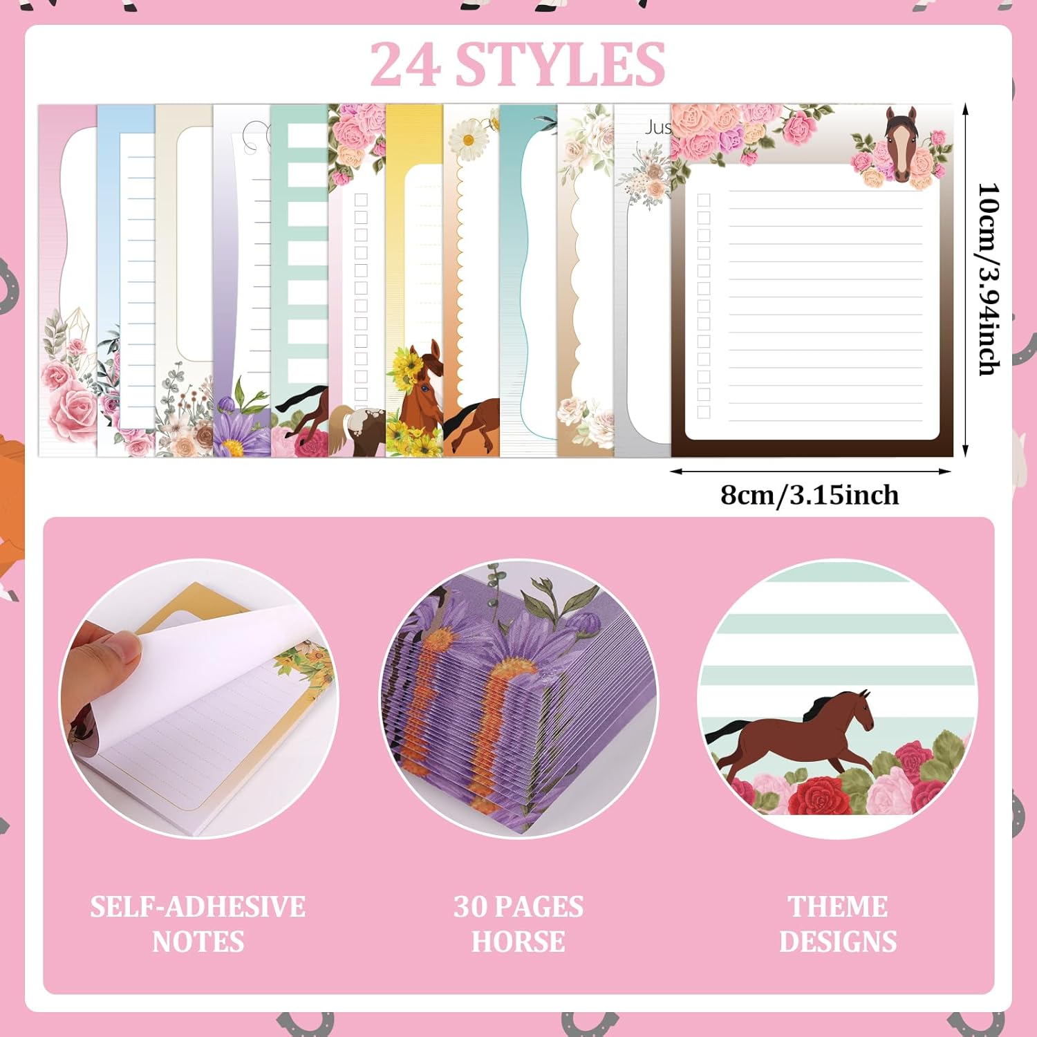 48 PCS Horse Sticky Notes with Pen Horse Gifts for Horse Lover Animal Lover Gifts Suitable For Teacher Appreciation Gifts Back to School Pens Small Bussiness Supplies
