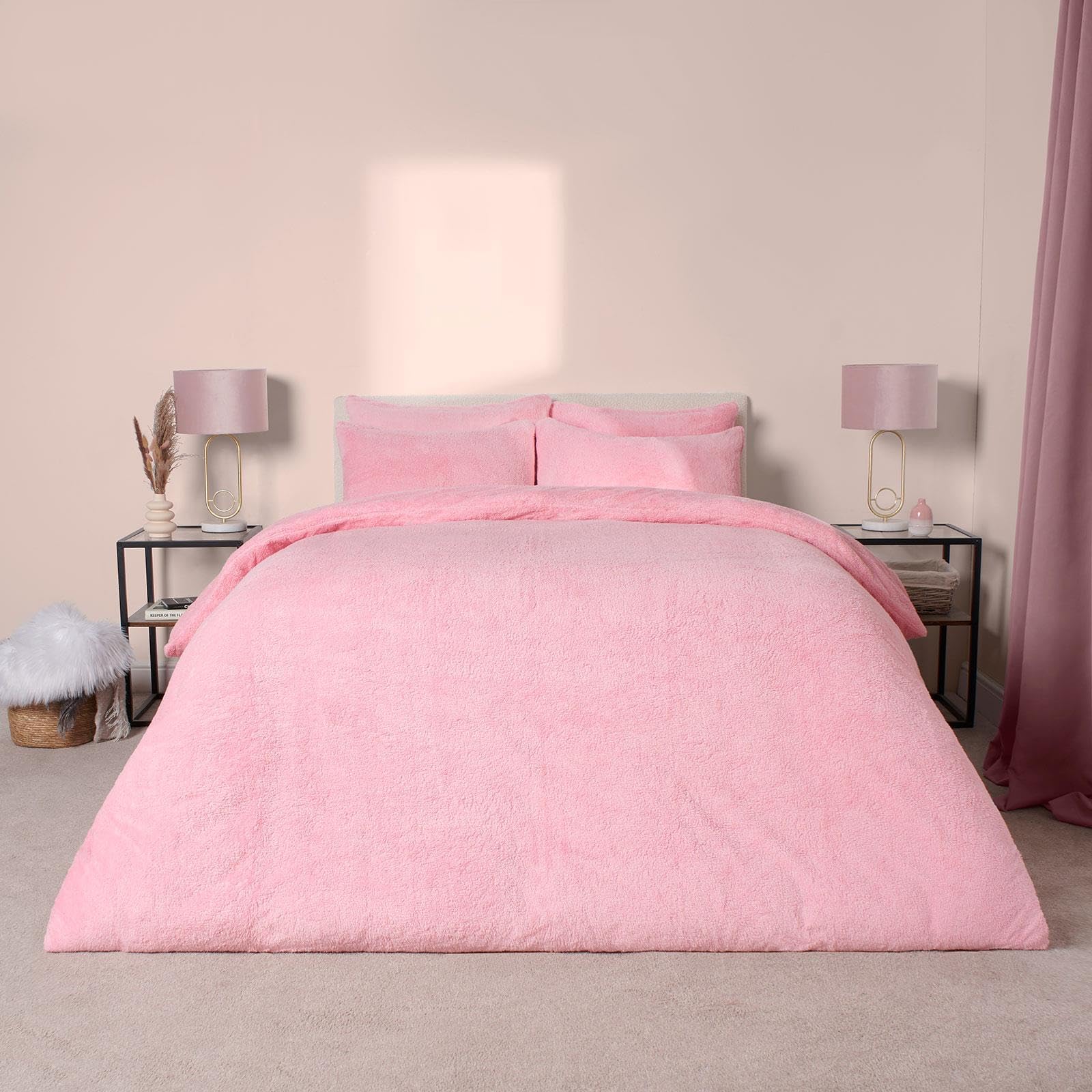 BrentfordsDuvet Set Single Teddy Pink Bedding, Fluffy Fleece Duvet Covers Thermal Bedding Single Duvet Cover with Pillowcase Ultra Soft Comfy Warm