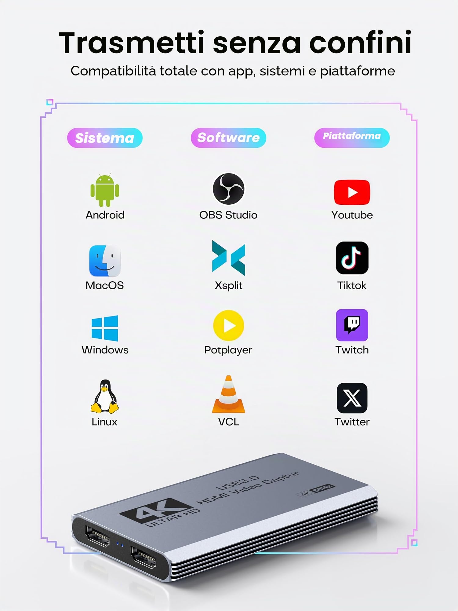 XIIXMASK Scheda di acquisizione video, scheda di acquisizione USB 3.0 4K HDMI Loop-Out, 4K 60 FPS/1080P 240 FPS, acquisizione di videogiochi per PS5/fotocamera/PC/streaming