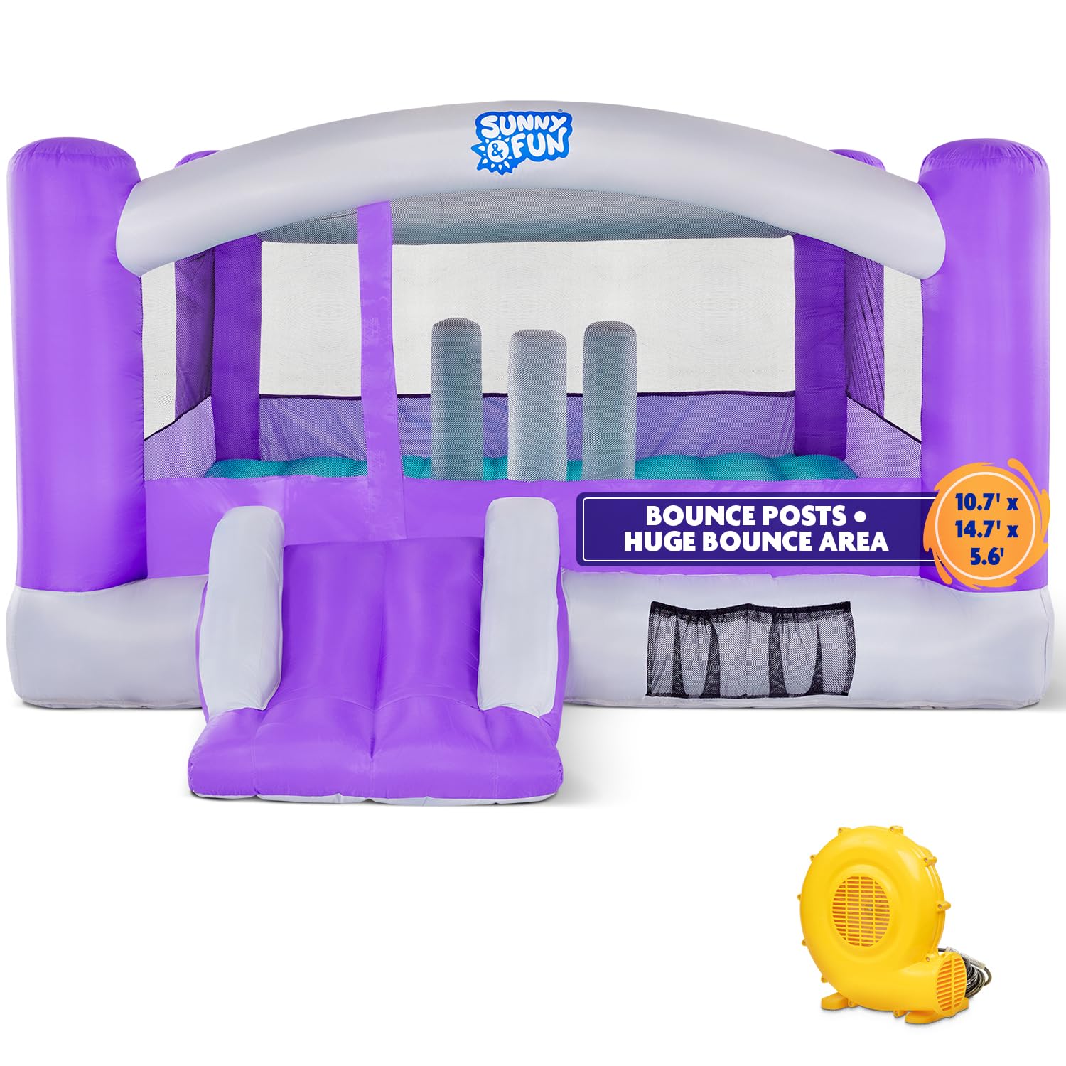 Sunny & Fun Inflatable Bounce House | Giant 12x10.5 Feet Blow-Up Jump Bouncy Castle for Kids with Air Blower, Stakes & Repair Kit | Easy Set Up for