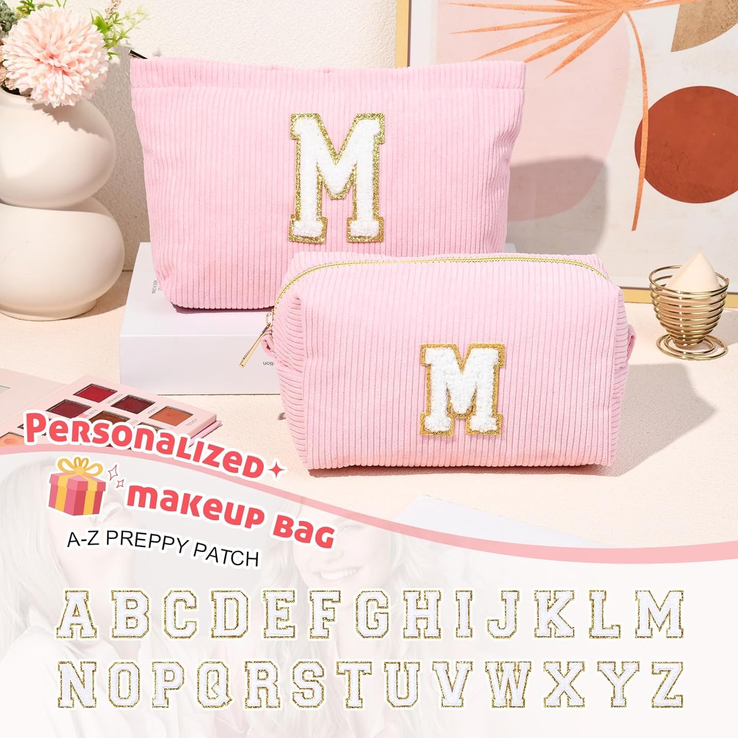 2 Pezzi Borsa per Cosmetici Donna, Iniziale Pochette Trucchi Viaggio, Trousse Trucchi Organizer, Grande Rosa Beauty Case, Regalo Amica Compleanno Regalo Migliore Amica Donna Natale Laurea(M)