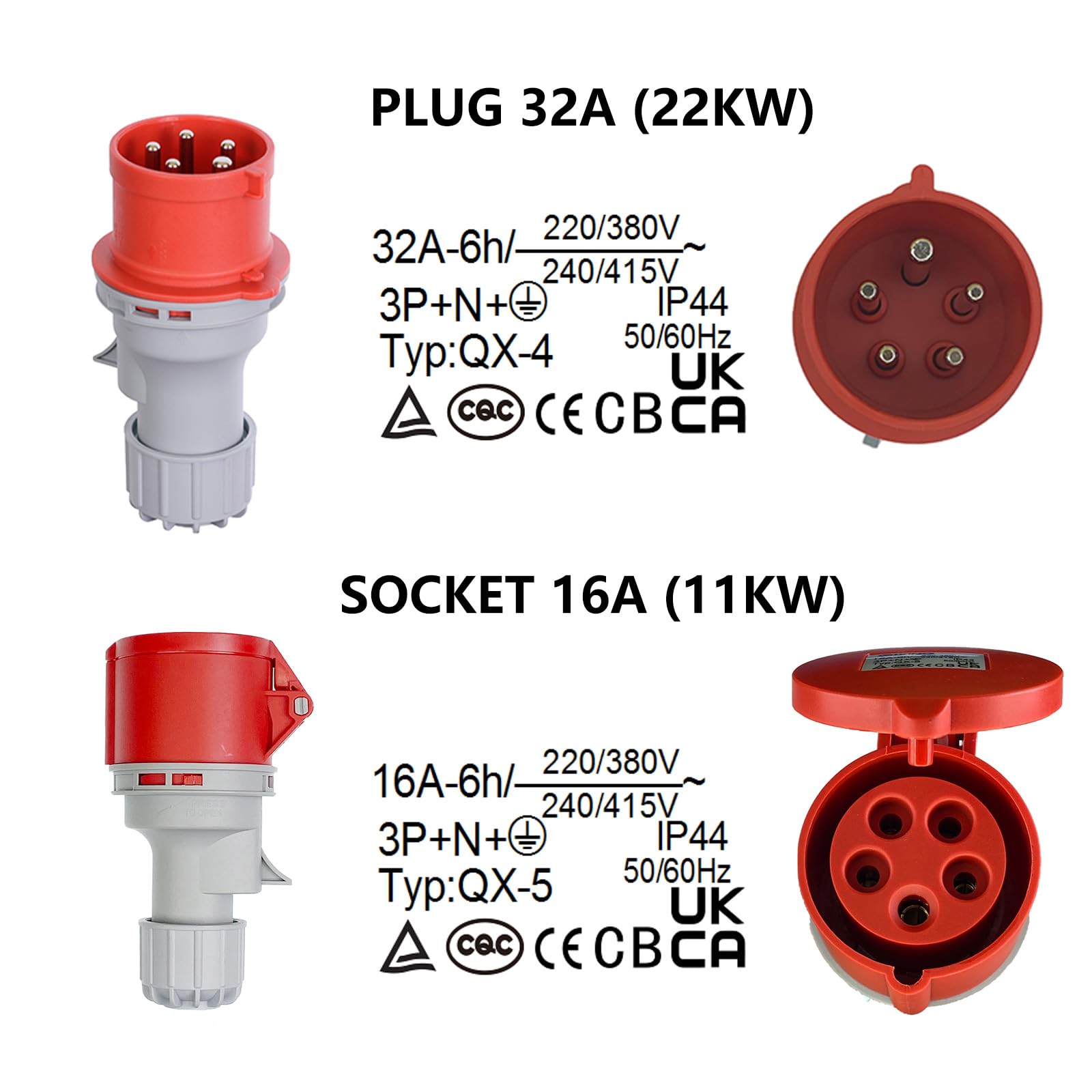 CEE Adapter 32A Stecker auf 16A Steckdose mit Schutzabdeckung, 3 Phasen, 5 polig, IP44 wasser- und staubgeschützt, tragbar, geeignet für den industriellen und privaten Gebrauch (32-16)