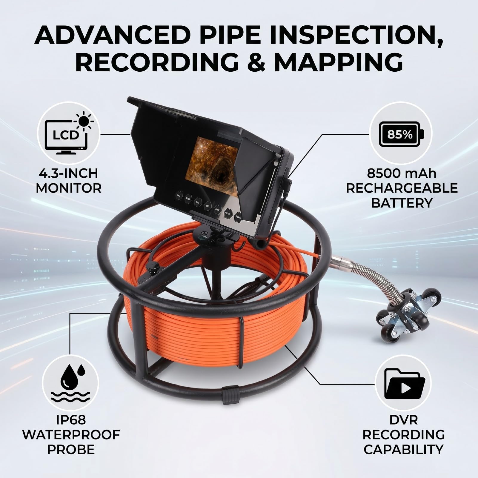 Cámara de Inspección de Alcantarillado, Grabación Industrial DVR (F2543DC23-20M-K) | Sonda a prueba de agua IP68, diámetro de 23 mm, lente gran angular de 145°, 8500 mAh, tarjeta de 32 GB, para tubería