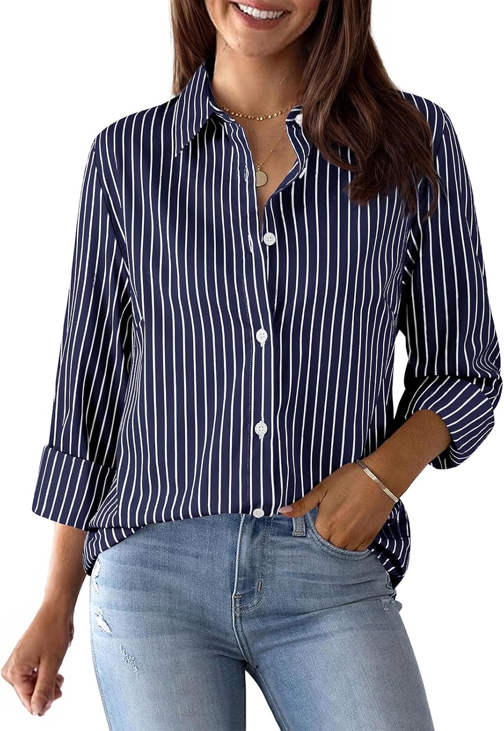 Womens Button Down Shirts Cotton Striped Dress Shirt Long Sleeve Collared Office Work Pinstripes Blouses Tops