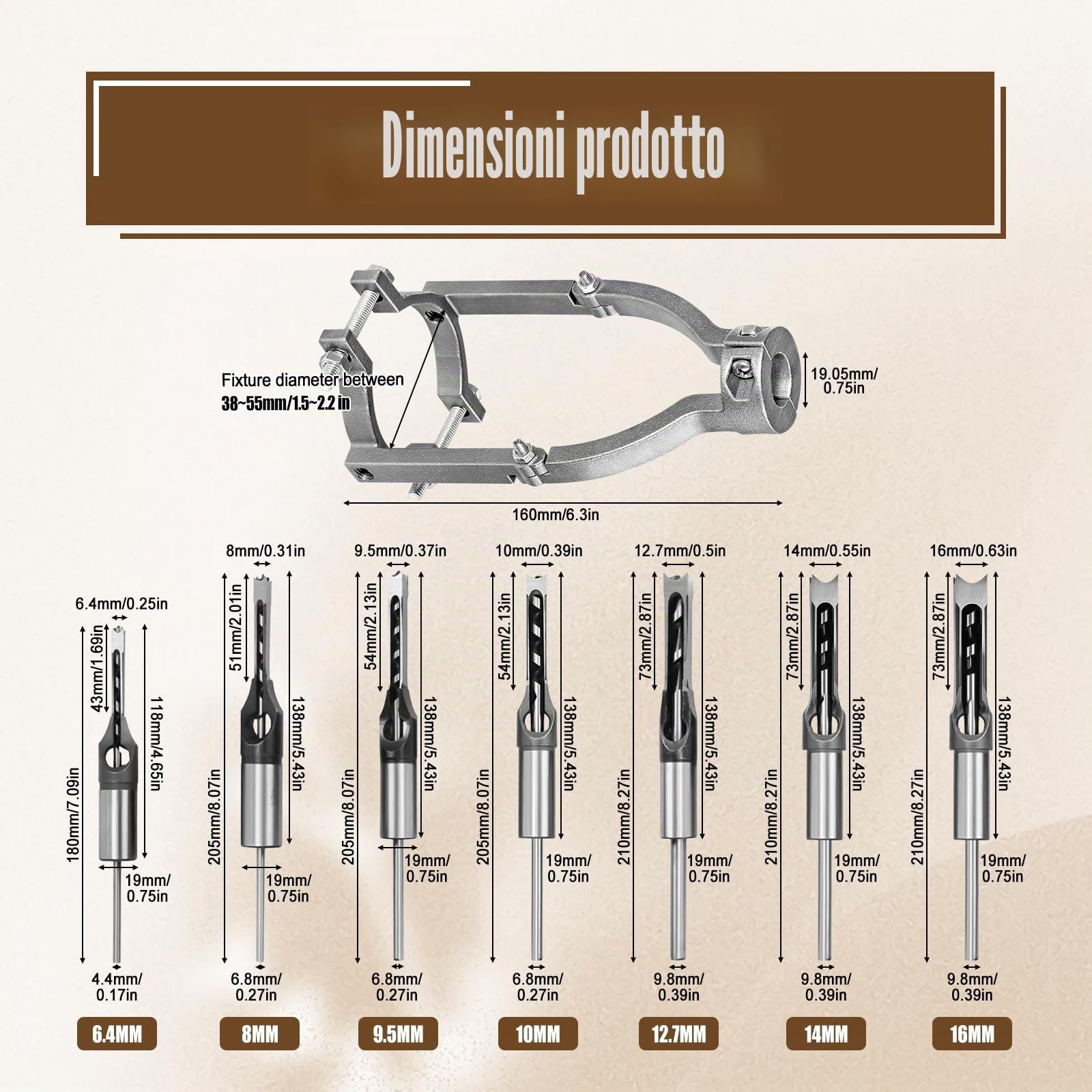 Set di punte da trapano a foro quadrato, per la lavorazione del legno HSS, per mortasatura del legno, set di punte da trapano con adattatore, 6,4 mm, 8 mm, 9,5 mm, 10 mm, 11 mm, 12,7 mm, 14 mm, 16 mm